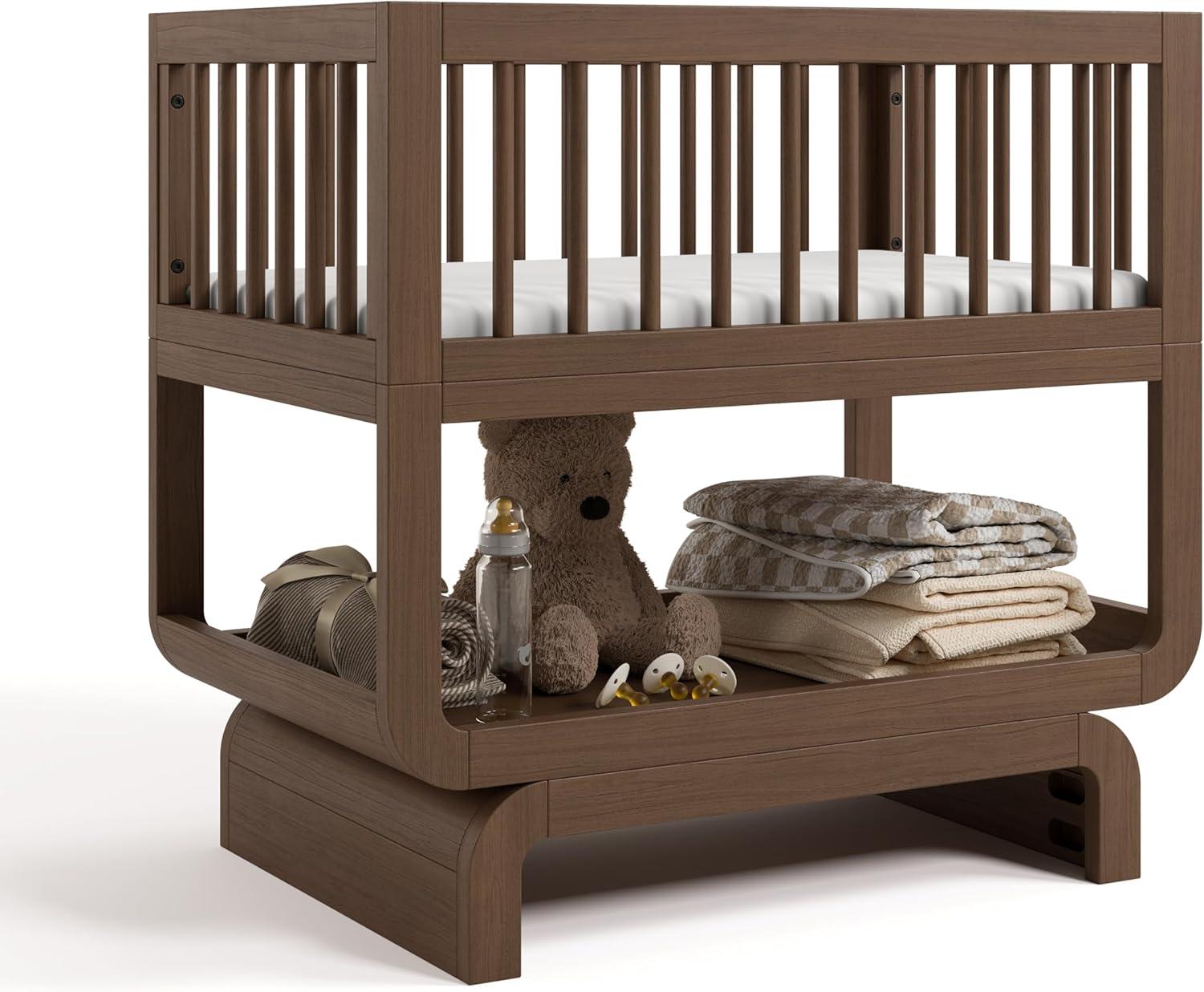 imageStorkcraft Santorini Deluxe 3in1 Convertible Bassinet Frosted Oat with Driftwood GREENGUARD Gold Certified Wood Baby Bassinet Includes WaterResistant Mattress Converts to Toy Box and BookcaseHazelnut