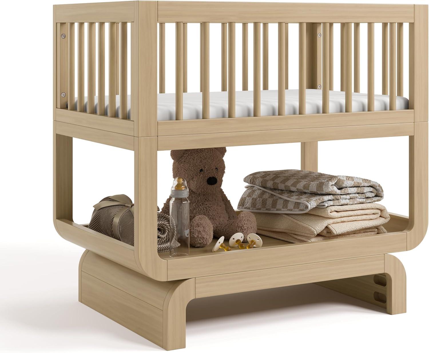 imageStorkcraft Santorini Deluxe 3in1 Convertible Bassinet Frosted Oat with Driftwood GREENGUARD Gold Certified Wood Baby Bassinet Includes WaterResistant Mattress Converts to Toy Box and BookcaseDriftwood