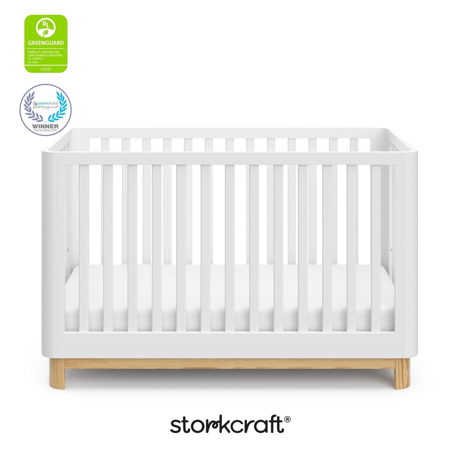 imageStorkcraft Santos Convertible Crib Olive ampamp Natural GREENGUARD Gold Certified Fits Standard Crib Mattress Converts to Toddler Bed and Daybed 4 Adjustable Mattress Heights Rounded EdgesWhite With Natural