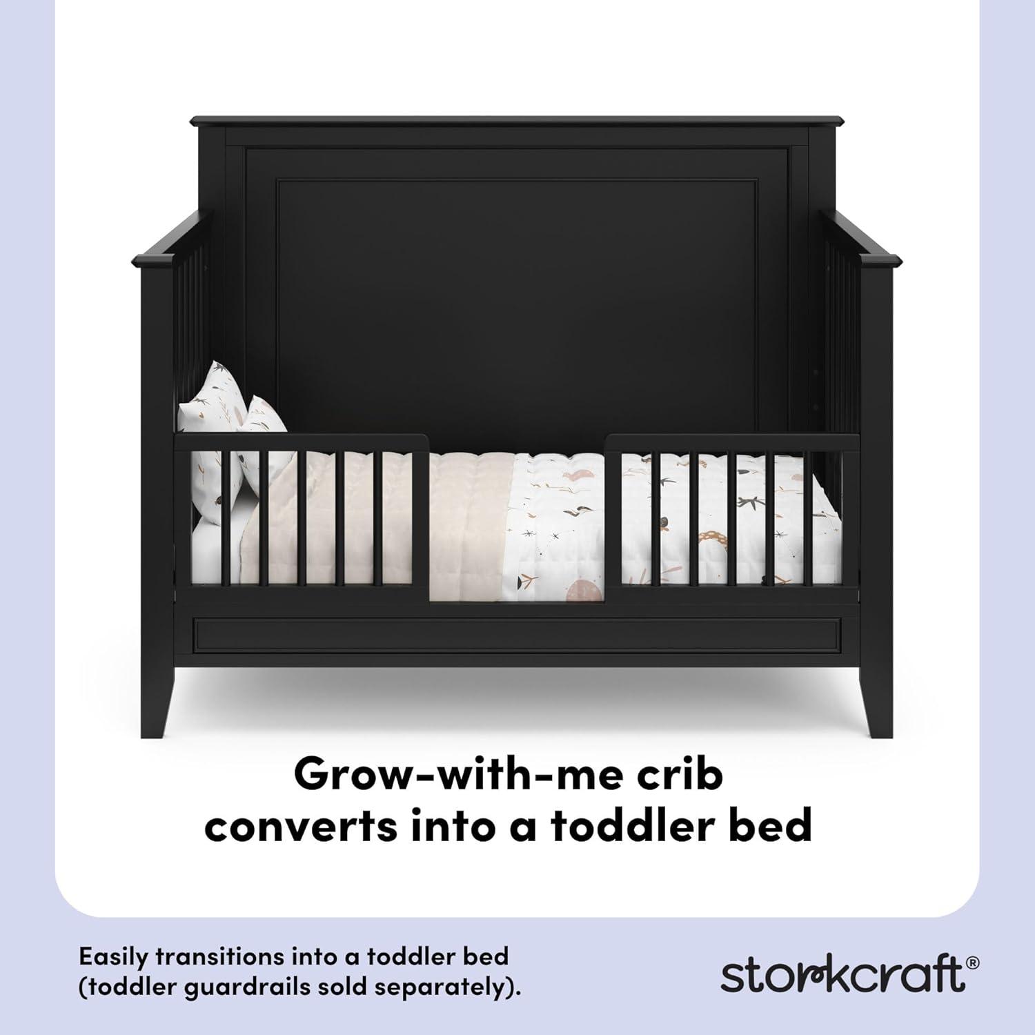 imageStorkcraft Solstice 5In1 Convertible Crib White GREENGUARD Gold Certified Converts to Toddler Bed and FullSize Bed Fits Standard FullSize Crib Mattress Adjustable Mattress Support BaseBlack
