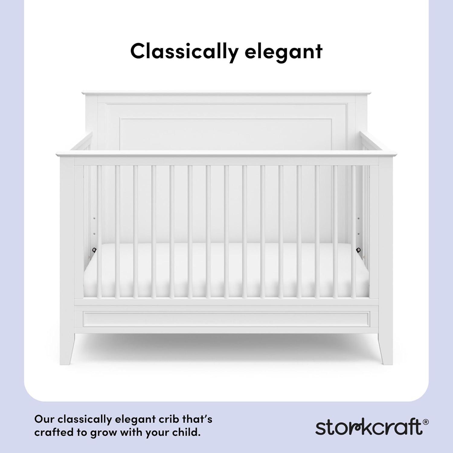 imageStorkcraft Solstice 5In1 Convertible Crib White GREENGUARD Gold Certified Converts to Toddler Bed and FullSize Bed Fits Standard FullSize Crib Mattress Adjustable Mattress Support BaseWhite