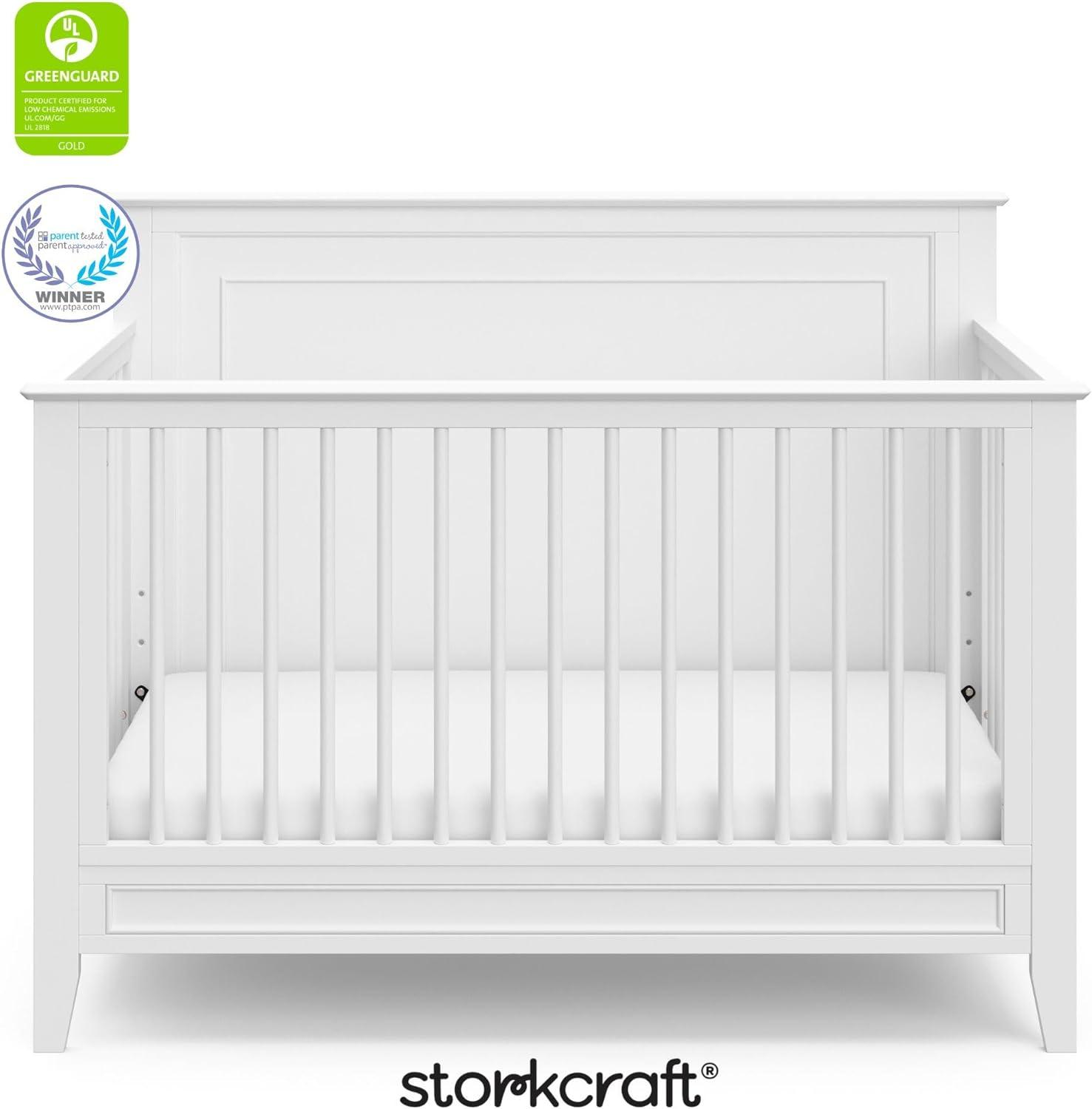 imageStorkcraft Solstice 5In1 Convertible Crib White GREENGUARD Gold Certified Converts to Toddler Bed and FullSize Bed Fits Standard FullSize Crib Mattress Adjustable Mattress Support BaseWhite