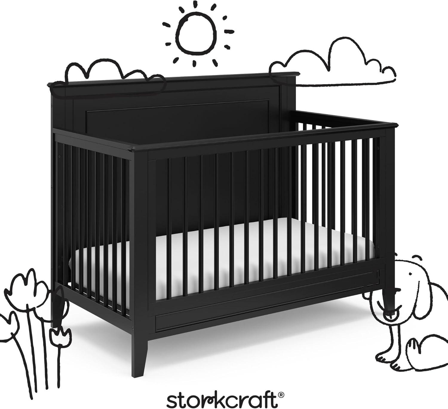 imageStorkcraft Solstice 5In1 Convertible Crib White GREENGUARD Gold Certified Converts to Toddler Bed and FullSize Bed Fits Standard FullSize Crib Mattress Adjustable Mattress Support BaseBlack