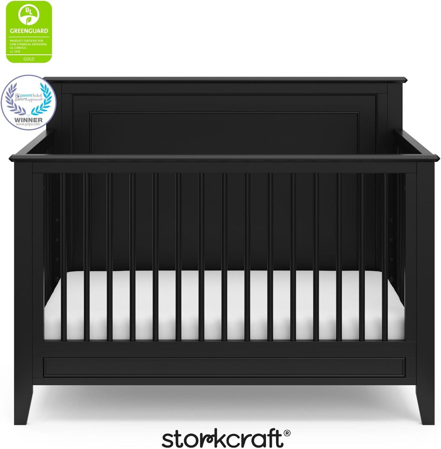imageStorkcraft Solstice 5In1 Convertible Crib White GREENGUARD Gold Certified Converts to Toddler Bed and FullSize Bed Fits Standard FullSize Crib Mattress Adjustable Mattress Support BaseBlack