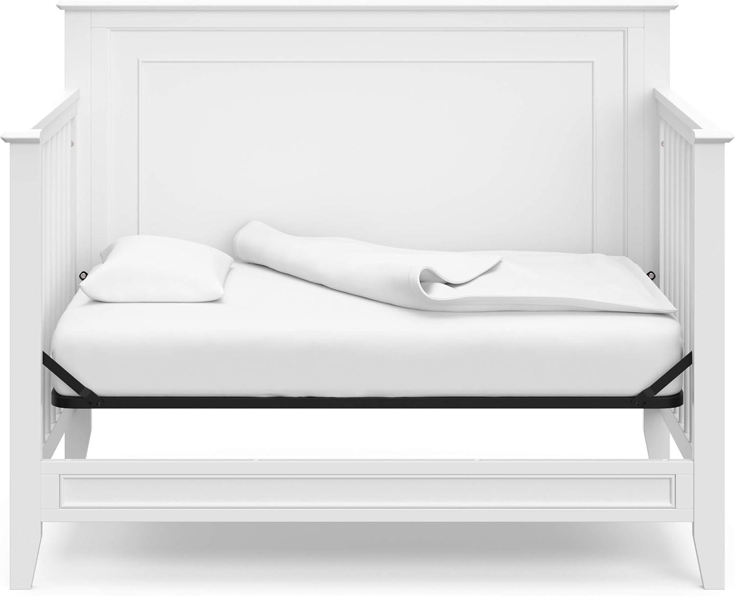 imageStorkcraft Solstice 5In1 Convertible Crib White GREENGUARD Gold Certified Converts to Toddler Bed and FullSize Bed Fits Standard FullSize Crib Mattress Adjustable Mattress Support BaseWhite