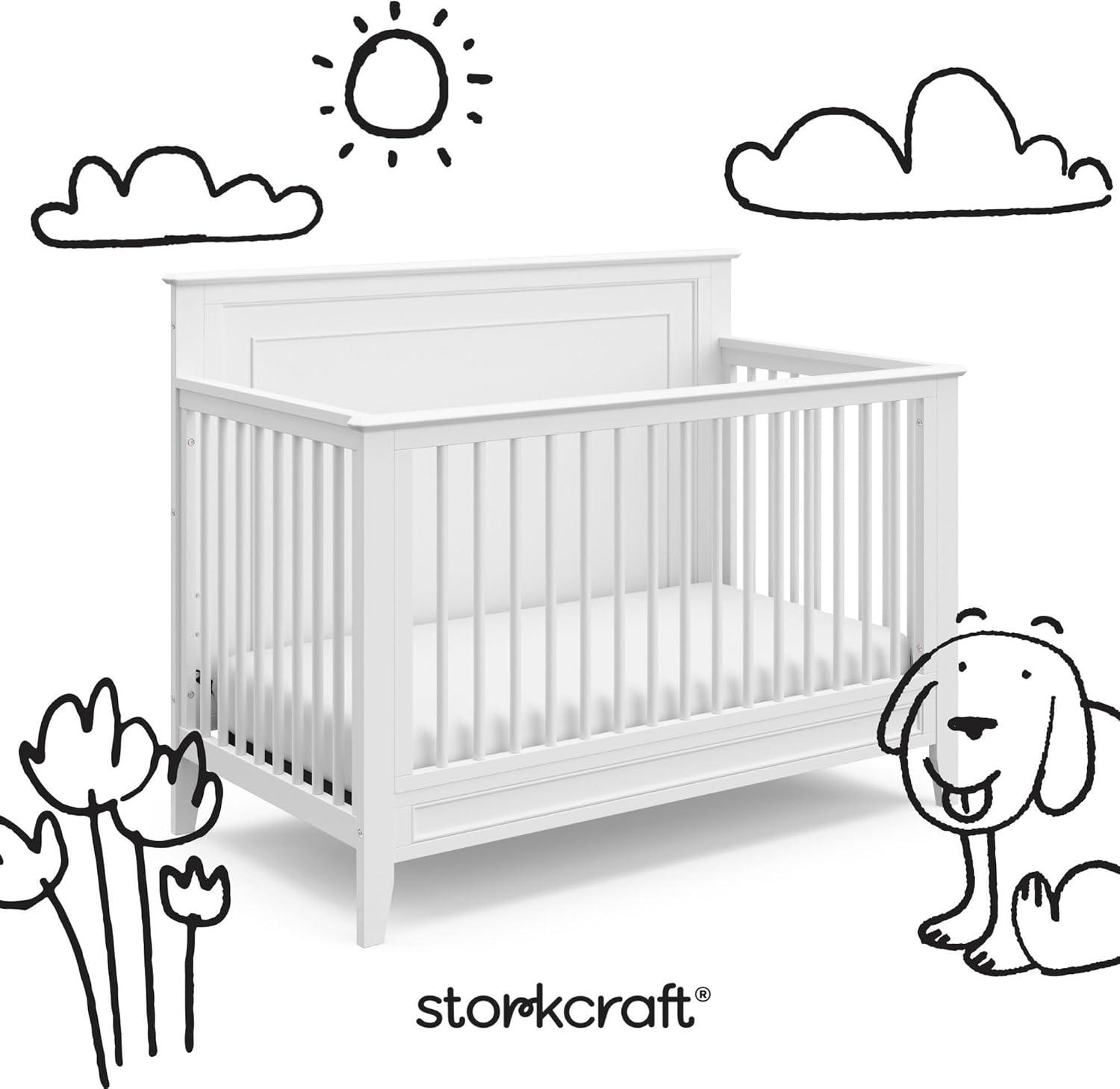 imageStorkcraft Solstice 5In1 Convertible Crib White GREENGUARD Gold Certified Converts to Toddler Bed and FullSize Bed Fits Standard FullSize Crib Mattress Adjustable Mattress Support BaseWhite