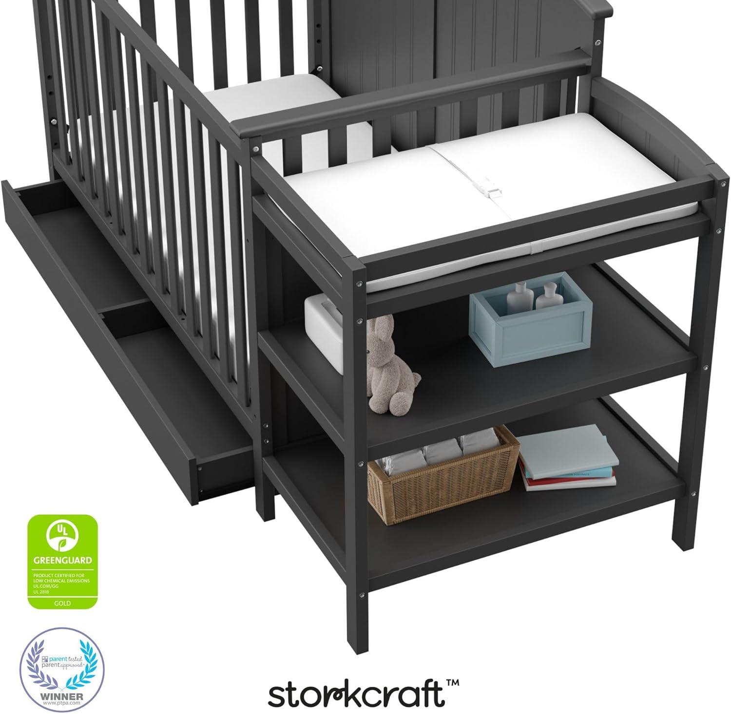 imageStorkcraft Steveston 5in1 Convertible Crib and Changer with Drawer Gray GREENGUARD Gold Certified Crib and Changing Table Combo with Drawer Converts to Toddler Bed Daybed and FullSize BedGrey