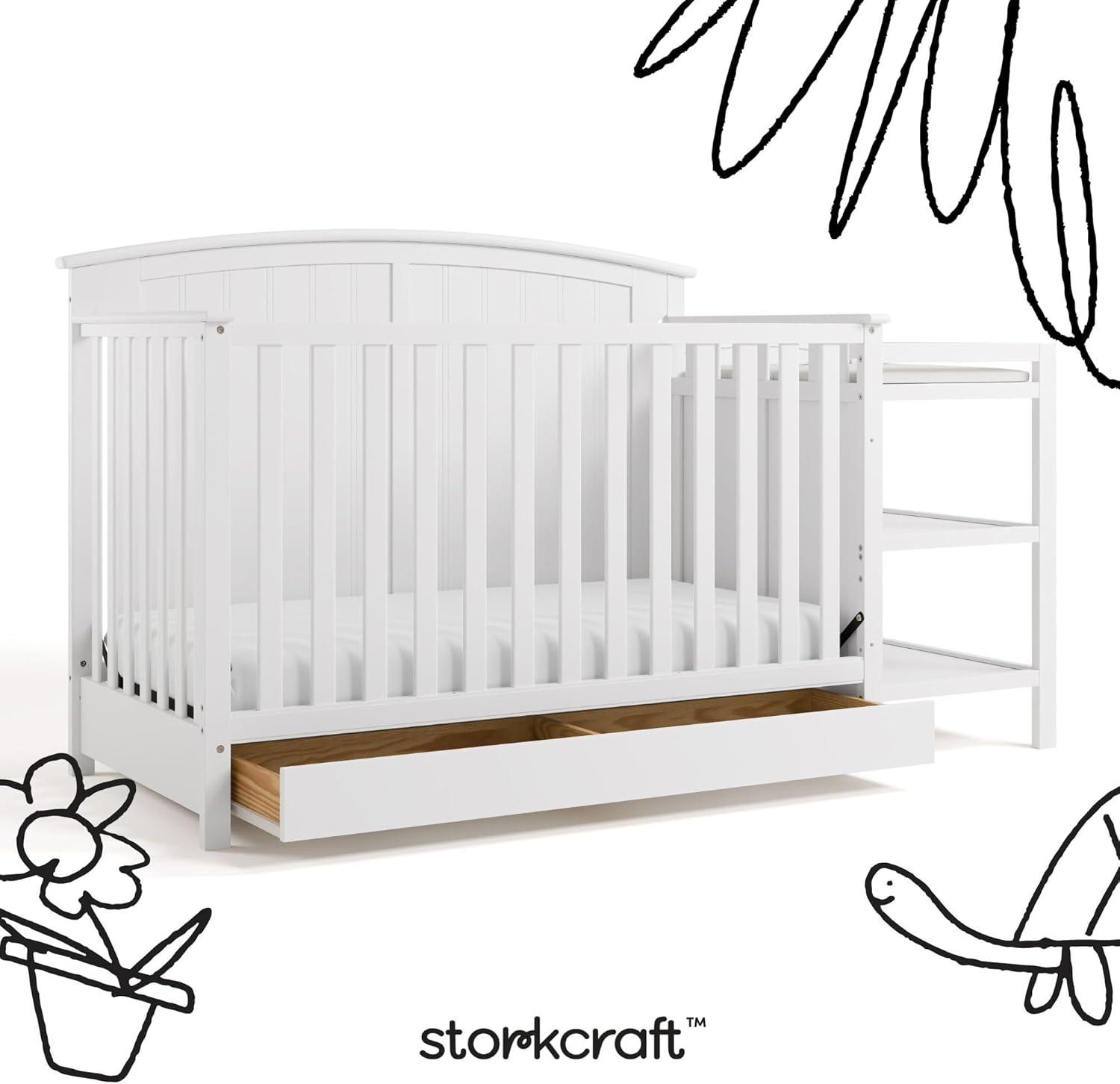 imageStorkcraft Steveston 5in1 Convertible Crib and Changer with Drawer Gray GREENGUARD Gold Certified Crib and Changing Table Combo with Drawer Converts to Toddler Bed Daybed and FullSize BedWhite