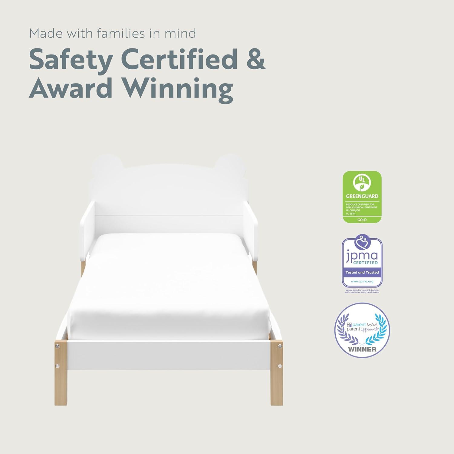 imageStorkcraft Teddy Bear Toddler Bed White with Driftwood GREENGUARD Gold Certified Includes Toddler Safety Guardrails Fits Standard Crib ampamp Toddler Mattress Stylish 2Tone DesignWhite With Driftwood