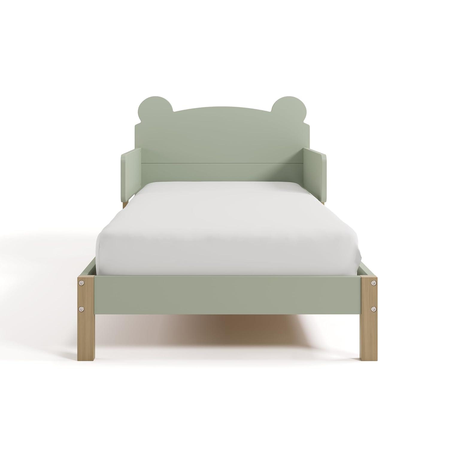 imageStorkcraft Teddy Bear Toddler Bed White with Driftwood GREENGUARD Gold Certified Includes Toddler Safety Guardrails Fits Standard Crib ampamp Toddler Mattress Stylish 2Tone DesignSage With Driftwood