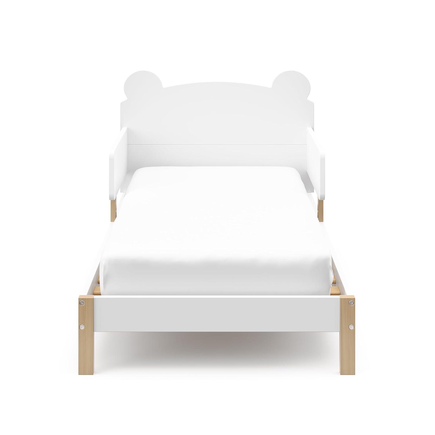 imageStorkcraft Teddy Bear Toddler Bed White with Driftwood GREENGUARD Gold Certified Includes Toddler Safety Guardrails Fits Standard Crib ampamp Toddler Mattress Stylish 2Tone DesignWhite With Driftwood