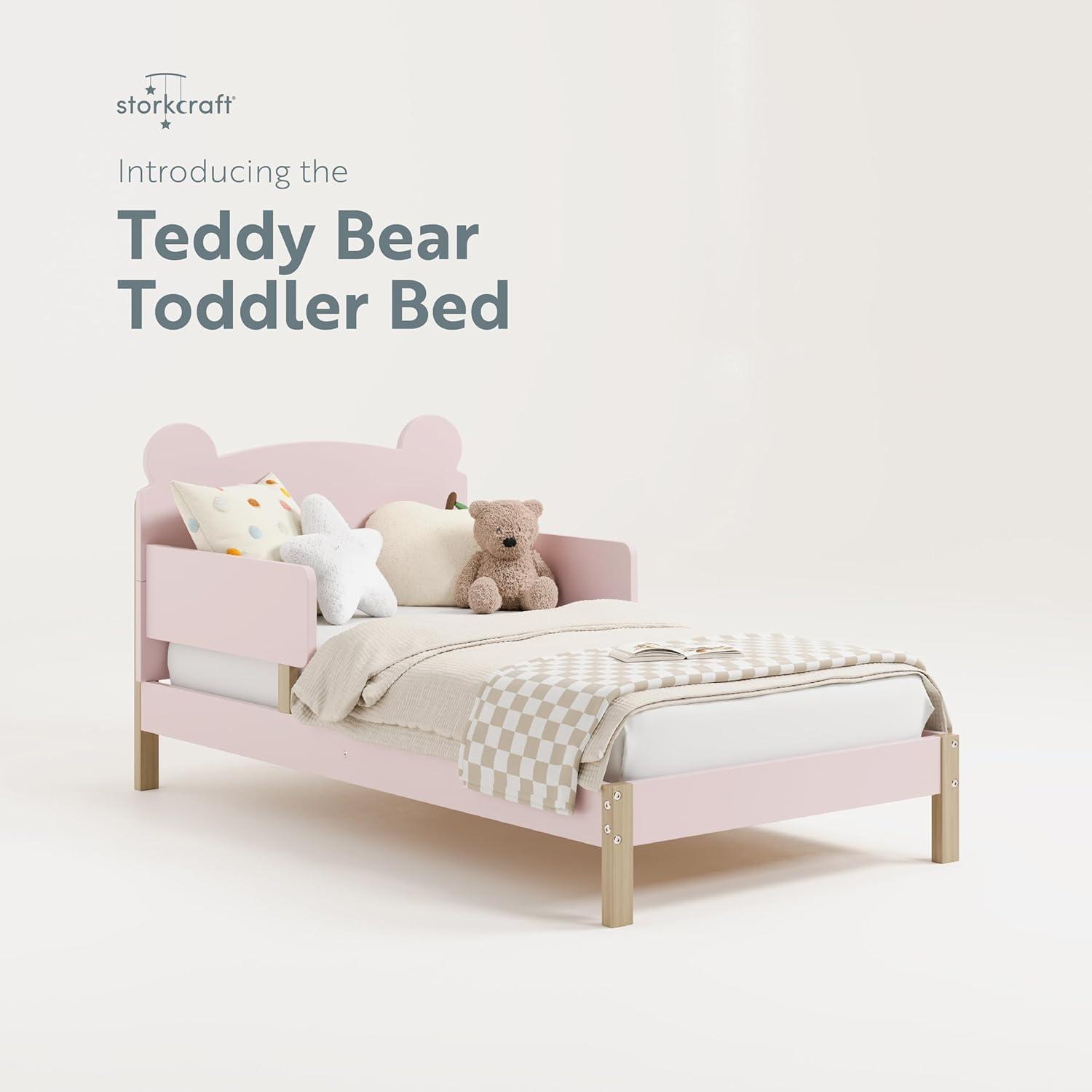 imageStorkcraft Teddy Bear Toddler Bed White with Driftwood GREENGUARD Gold Certified Includes Toddler Safety Guardrails Fits Standard Crib ampamp Toddler Mattress Stylish 2Tone DesignBlush With Driftwood