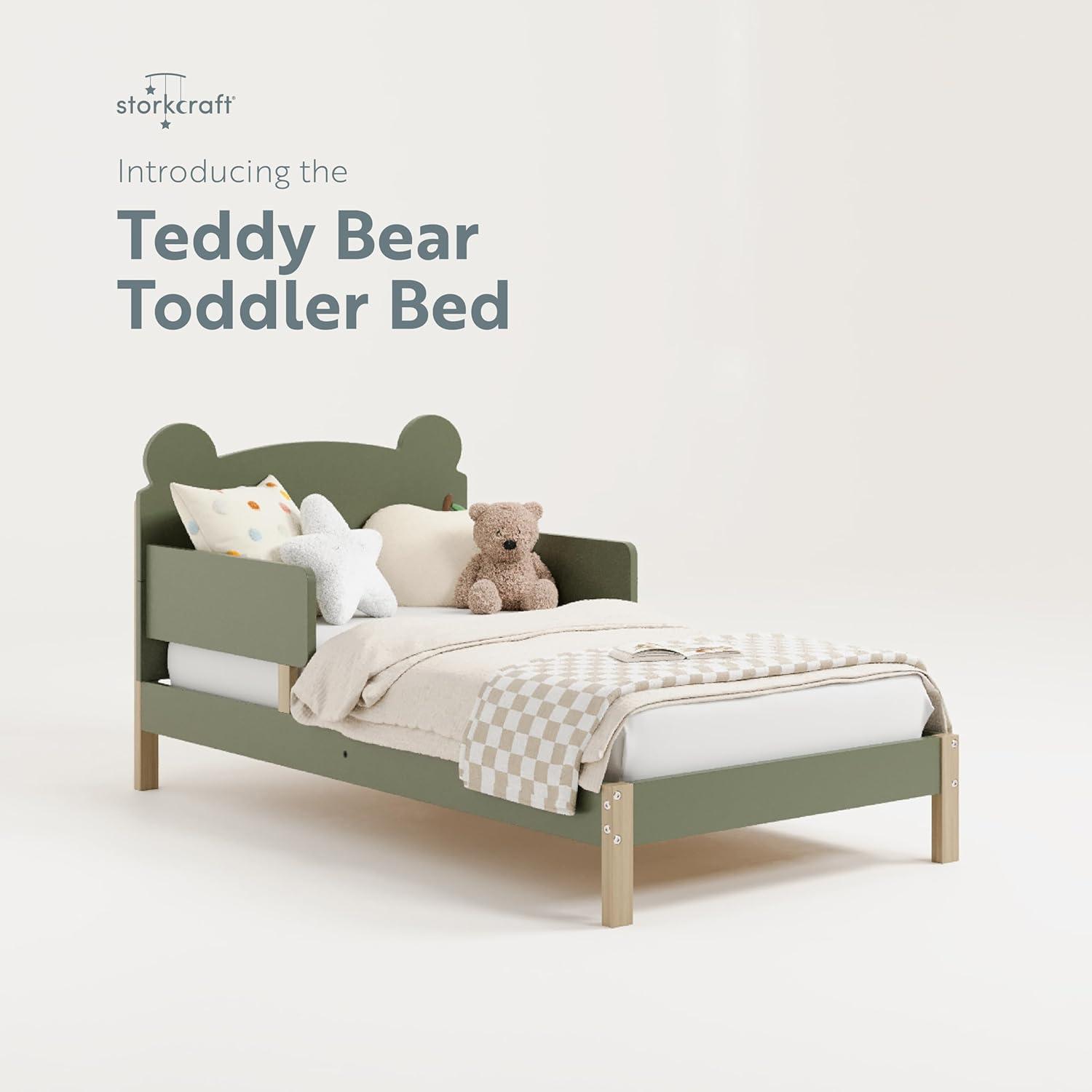 imageStorkcraft Teddy Bear Toddler Bed White with Driftwood GREENGUARD Gold Certified Includes Toddler Safety Guardrails Fits Standard Crib ampamp Toddler Mattress Stylish 2Tone DesignOlive With Driftwood