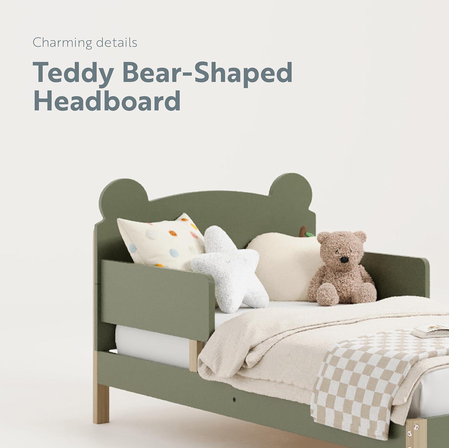 imageStorkcraft Teddy Bear Toddler Bed White with Driftwood GREENGUARD Gold Certified Includes Toddler Safety Guardrails Fits Standard Crib ampamp Toddler Mattress Stylish 2Tone DesignOlive With Driftwood