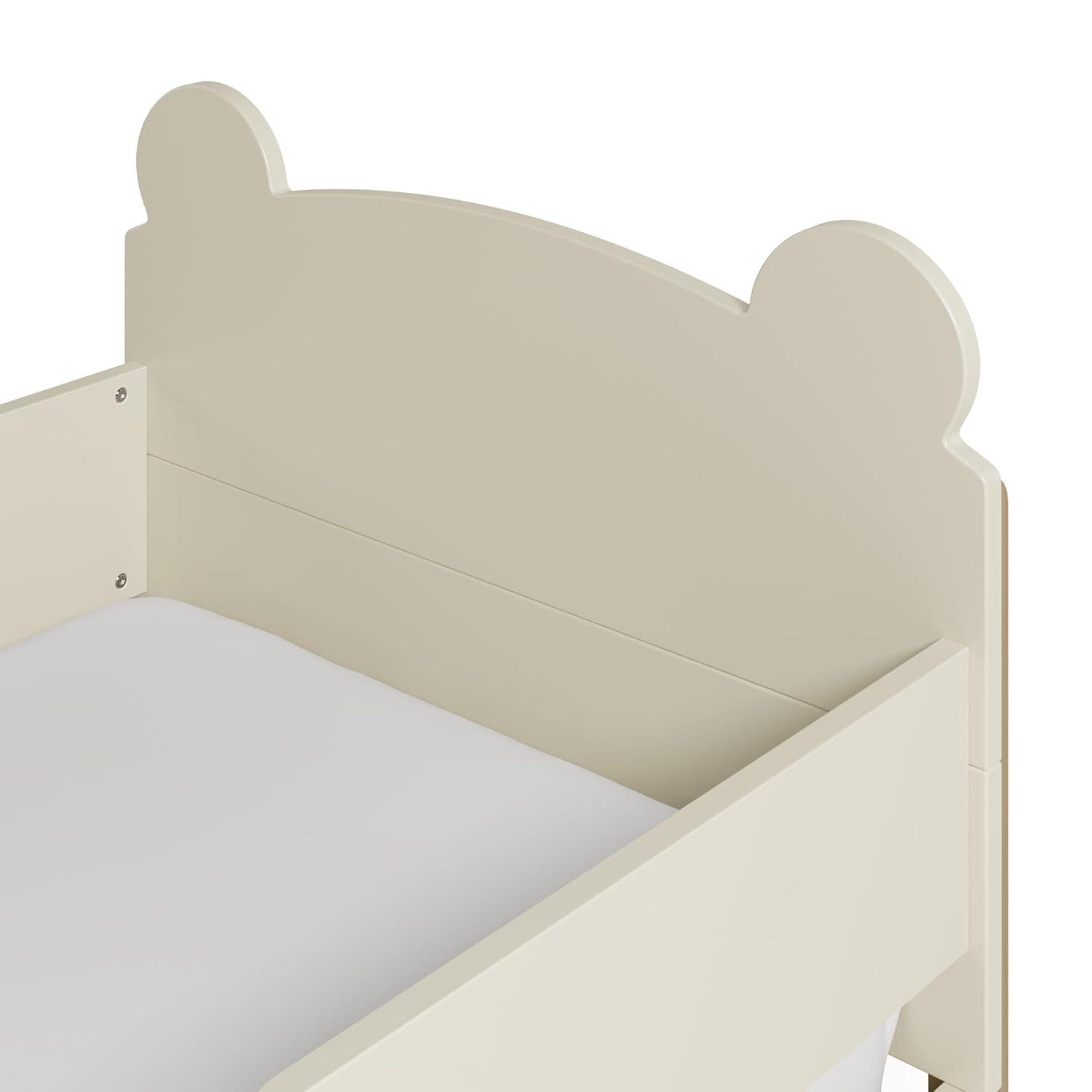 imageStorkcraft Teddy Bear Toddler Bed White with Driftwood GREENGUARD Gold Certified Includes Toddler Safety Guardrails Fits Standard Crib ampamp Toddler Mattress Stylish 2Tone DesignFrosted Oat With Driftwood