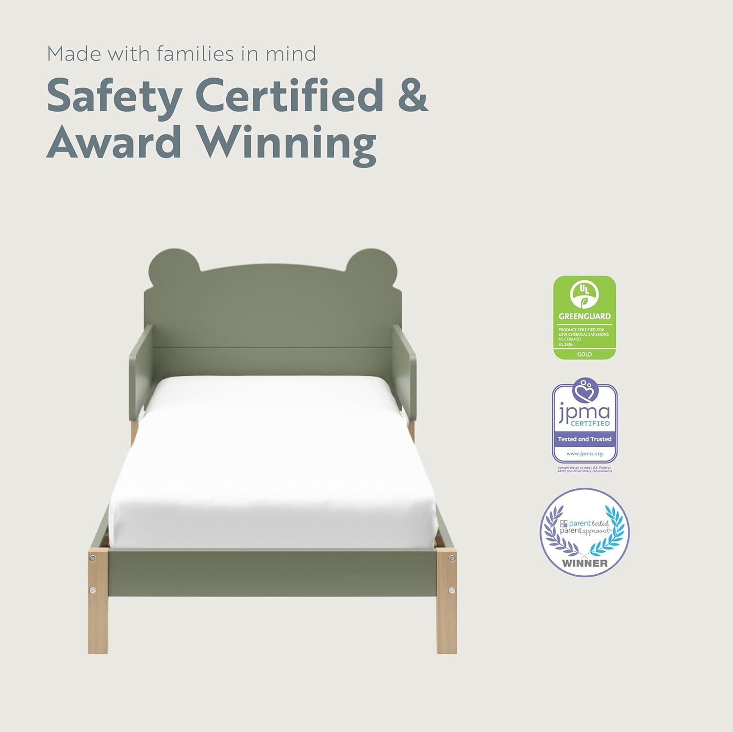 imageStorkcraft Teddy Bear Toddler Bed White with Driftwood GREENGUARD Gold Certified Includes Toddler Safety Guardrails Fits Standard Crib ampamp Toddler Mattress Stylish 2Tone DesignOlive With Driftwood