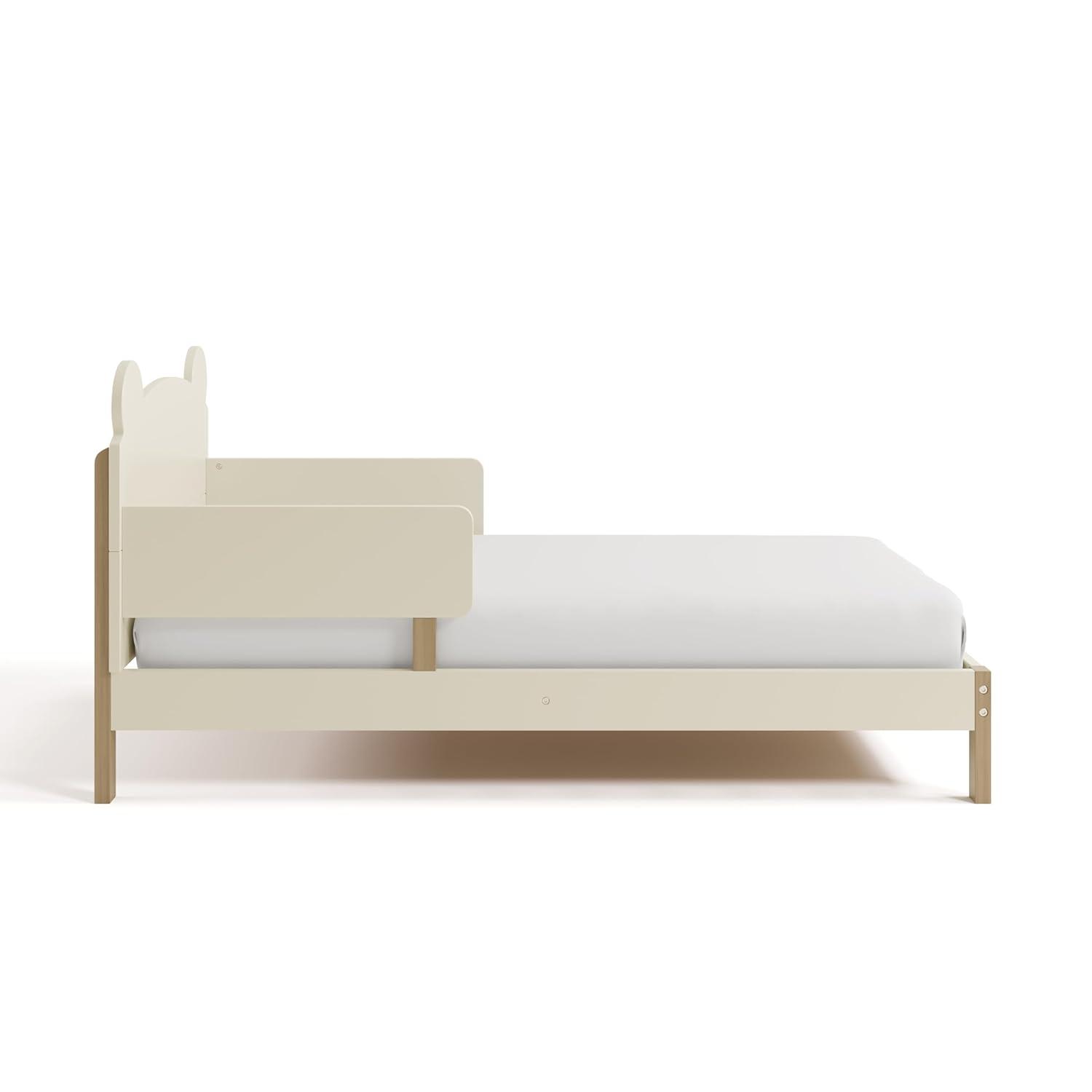 imageStorkcraft Teddy Bear Toddler Bed White with Driftwood GREENGUARD Gold Certified Includes Toddler Safety Guardrails Fits Standard Crib ampamp Toddler Mattress Stylish 2Tone DesignFrosted Oat With Driftwood