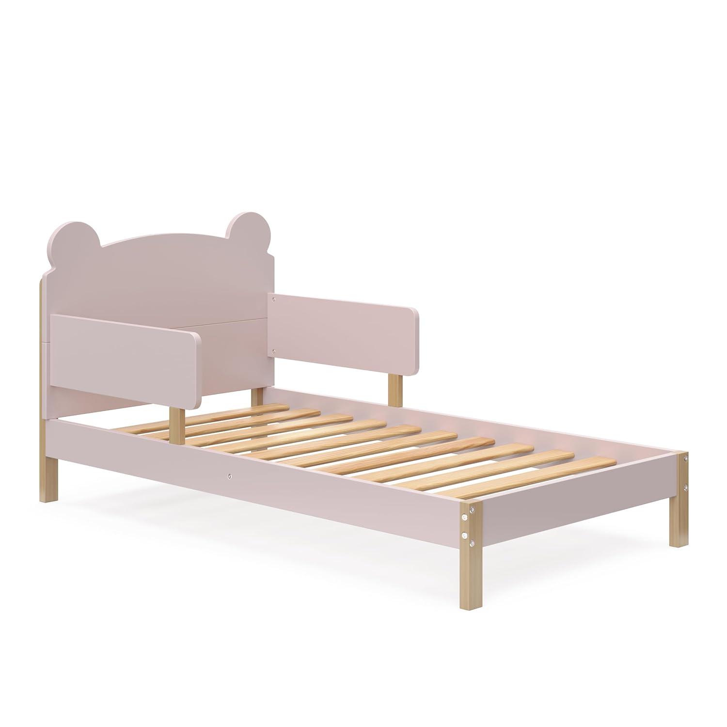 imageStorkcraft Teddy Bear Toddler Bed White with Driftwood GREENGUARD Gold Certified Includes Toddler Safety Guardrails Fits Standard Crib ampamp Toddler Mattress Stylish 2Tone DesignBlush With Driftwood