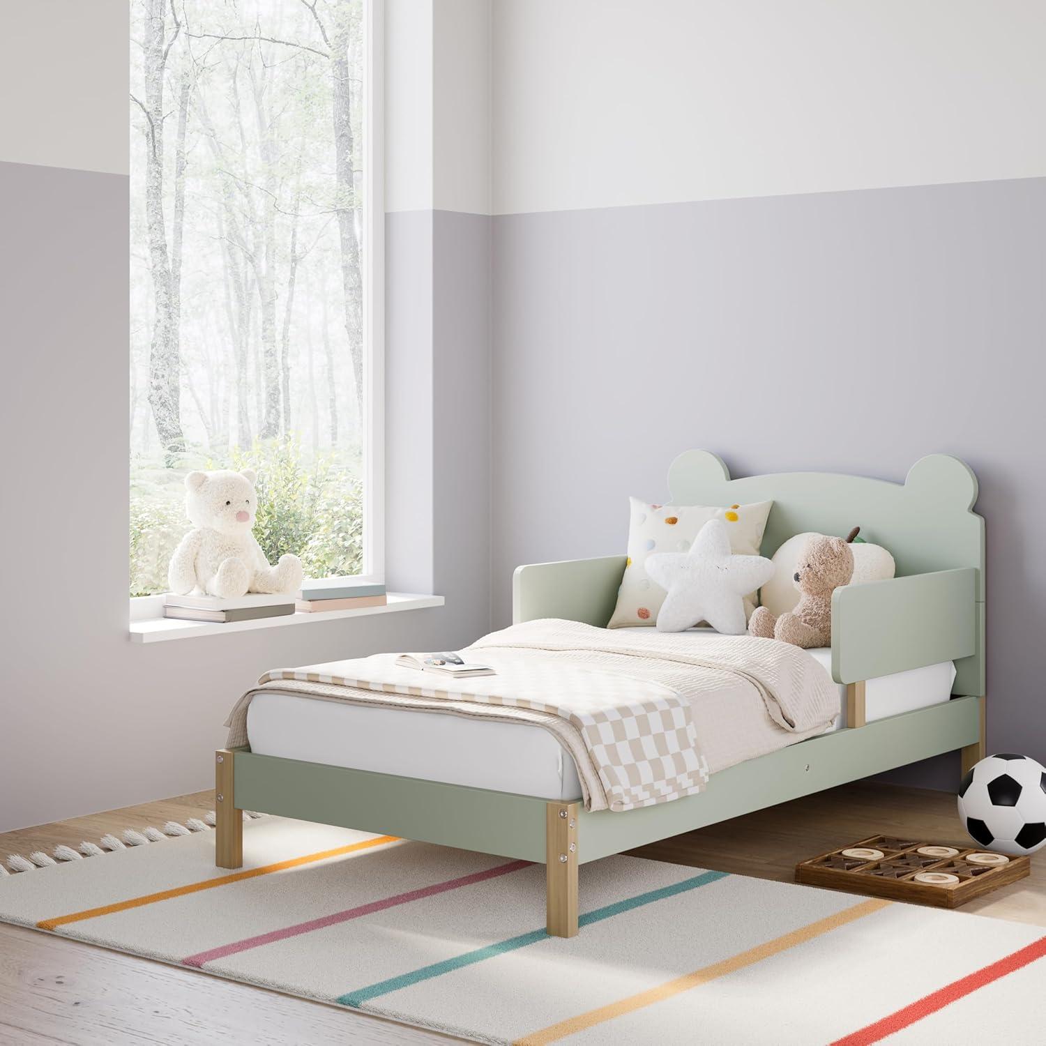imageStorkcraft Teddy Bear Toddler Bed White with Driftwood GREENGUARD Gold Certified Includes Toddler Safety Guardrails Fits Standard Crib ampamp Toddler Mattress Stylish 2Tone DesignSage With Driftwood