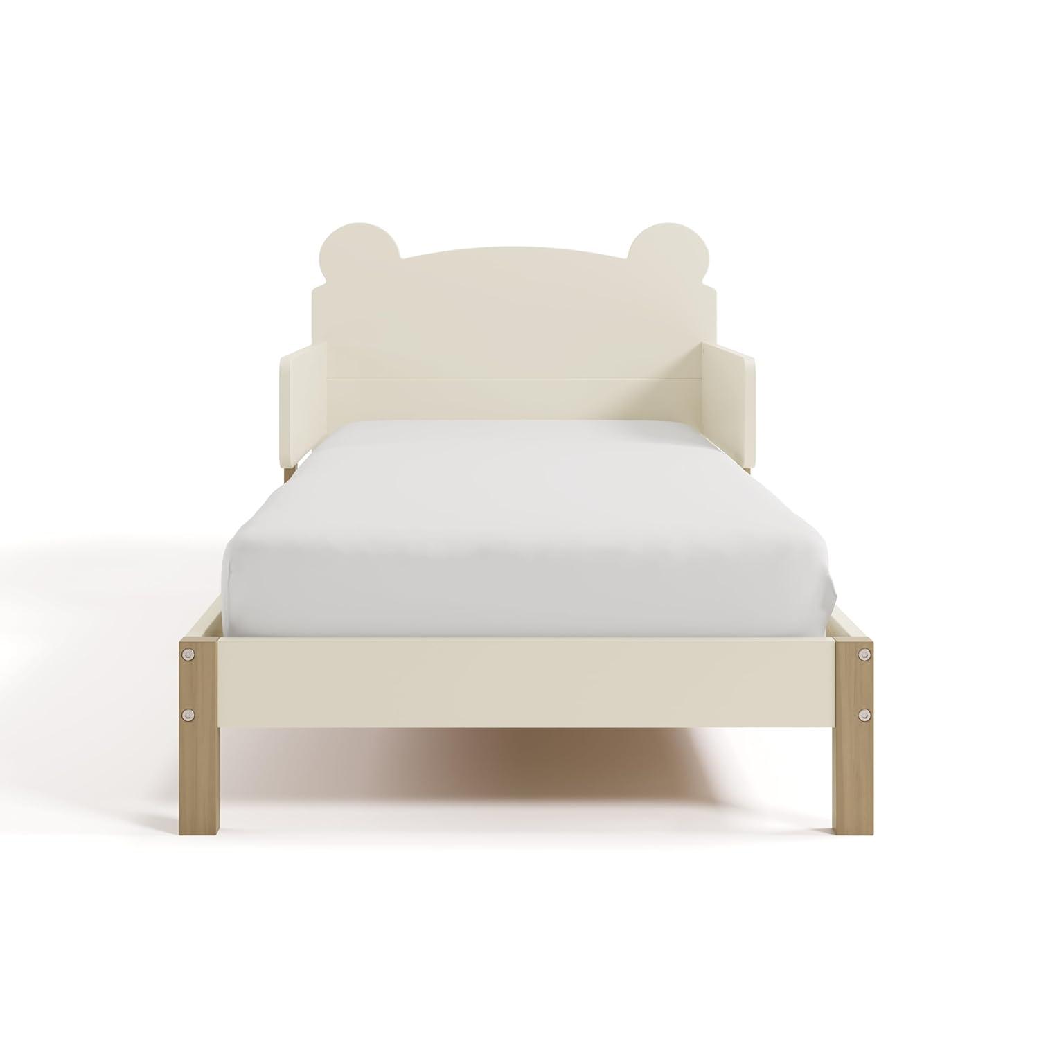 imageStorkcraft Teddy Bear Toddler Bed White with Driftwood GREENGUARD Gold Certified Includes Toddler Safety Guardrails Fits Standard Crib ampamp Toddler Mattress Stylish 2Tone DesignFrosted Oat With Driftwood