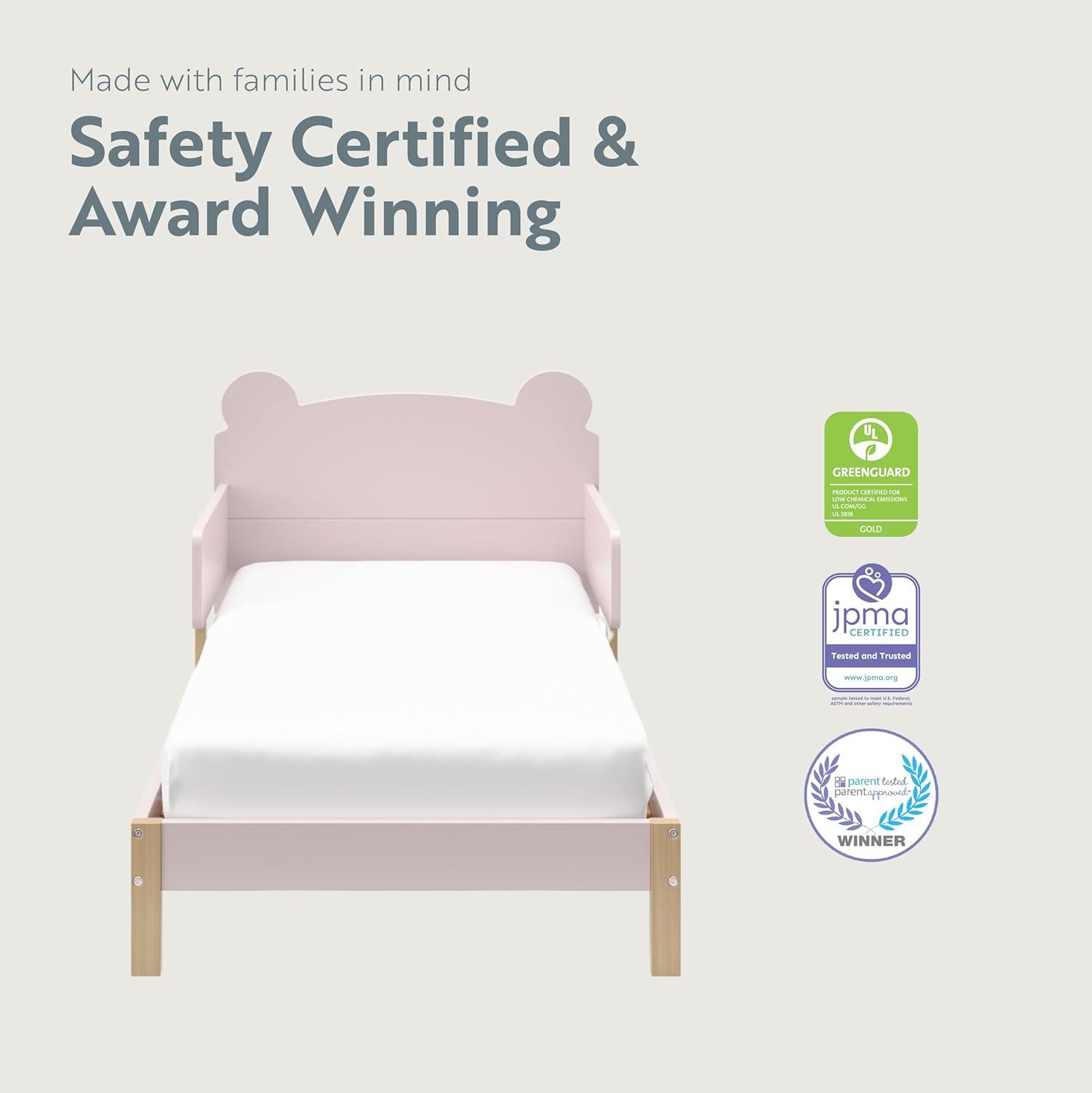 imageStorkcraft Teddy Bear Toddler Bed White with Driftwood GREENGUARD Gold Certified Includes Toddler Safety Guardrails Fits Standard Crib ampamp Toddler Mattress Stylish 2Tone DesignBlush With Driftwood