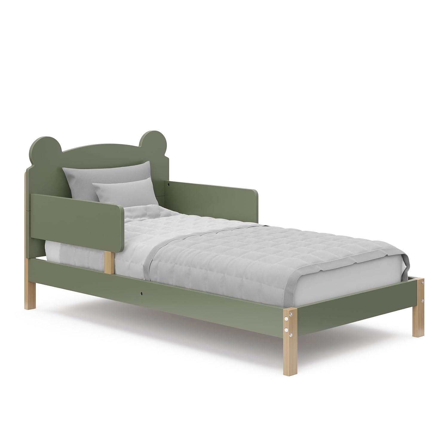 imageStorkcraft Teddy Bear Toddler Bed White with Driftwood GREENGUARD Gold Certified Includes Toddler Safety Guardrails Fits Standard Crib ampamp Toddler Mattress Stylish 2Tone DesignOlive With Driftwood