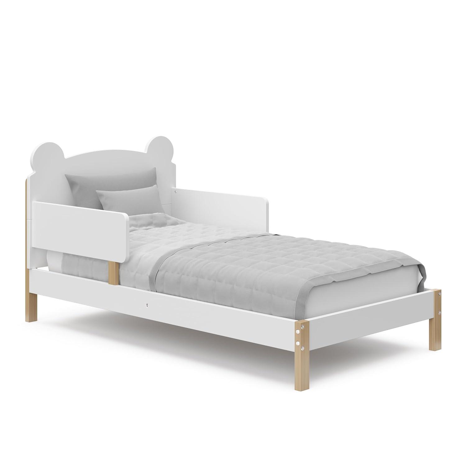 imageStorkcraft Teddy Bear Toddler Bed White with Driftwood GREENGUARD Gold Certified Includes Toddler Safety Guardrails Fits Standard Crib ampamp Toddler Mattress Stylish 2Tone DesignWhite With Driftwood