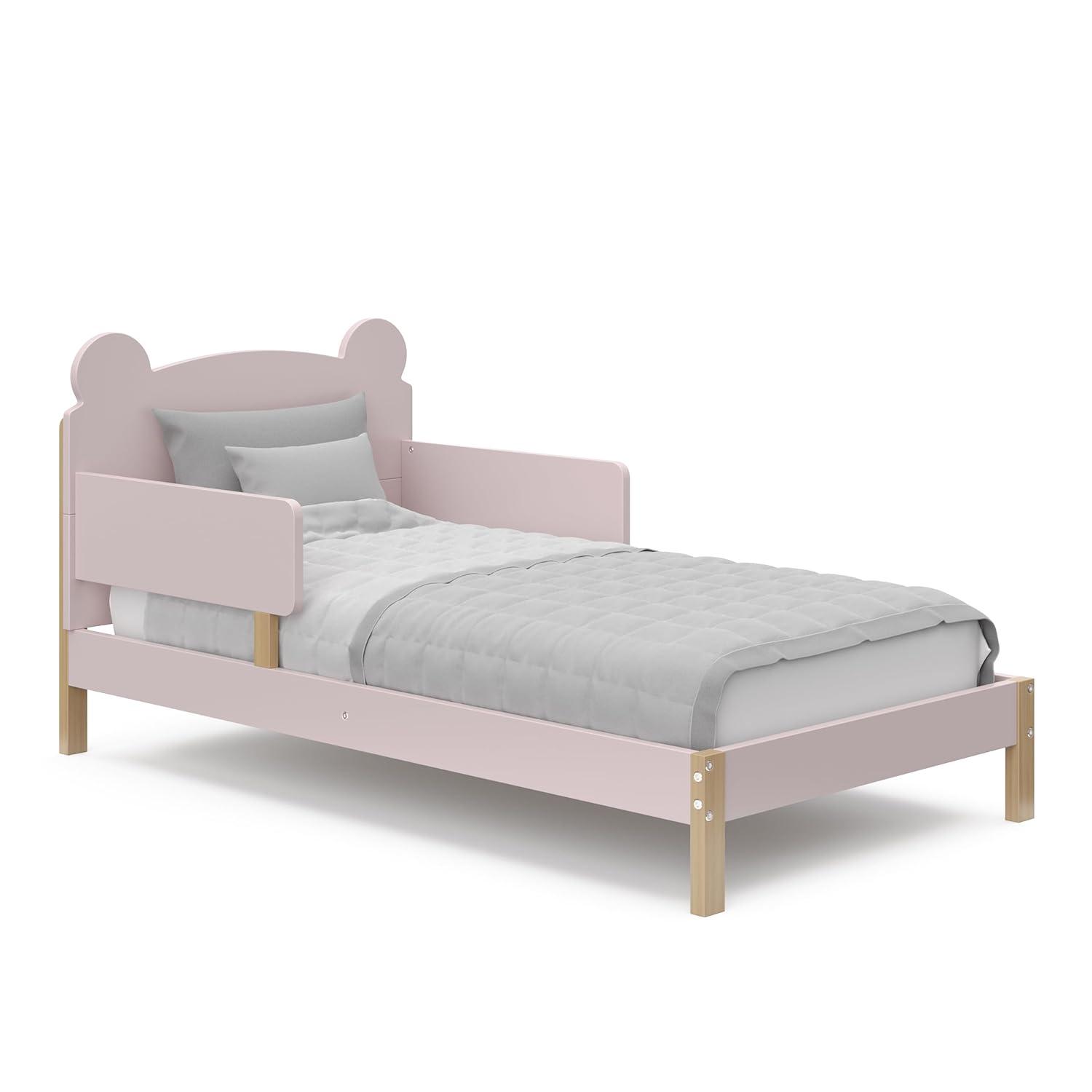 imageStorkcraft Teddy Bear Toddler Bed White with Driftwood GREENGUARD Gold Certified Includes Toddler Safety Guardrails Fits Standard Crib ampamp Toddler Mattress Stylish 2Tone DesignBlush With Driftwood