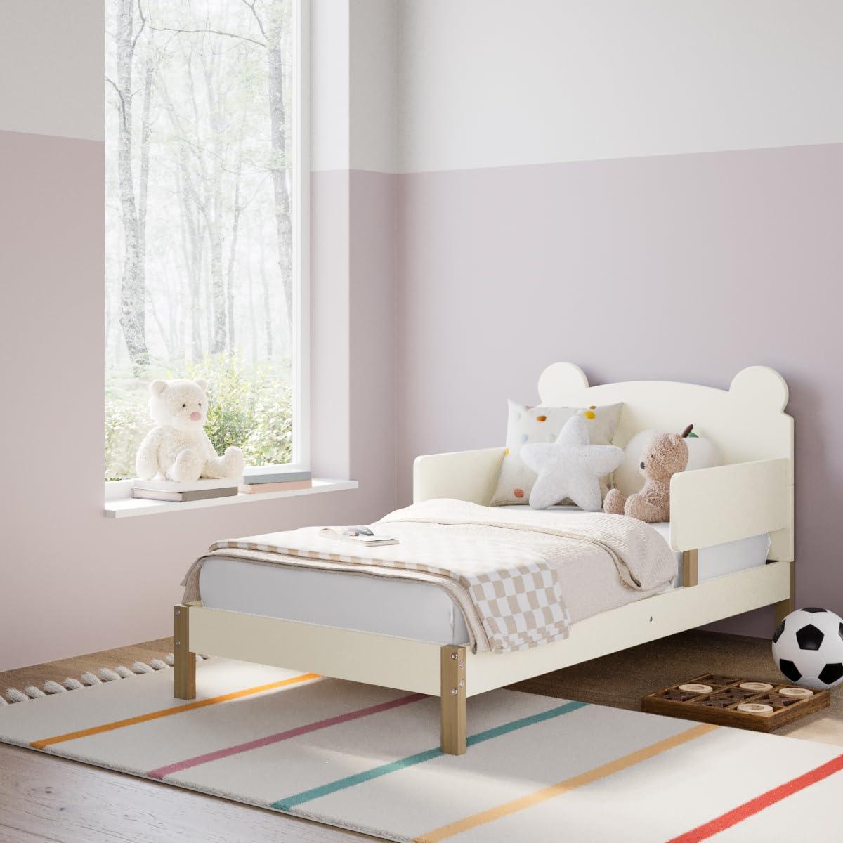imageStorkcraft Teddy Bear Toddler Bed White with Driftwood GREENGUARD Gold Certified Includes Toddler Safety Guardrails Fits Standard Crib ampamp Toddler Mattress Stylish 2Tone DesignFrosted Oat With Driftwood