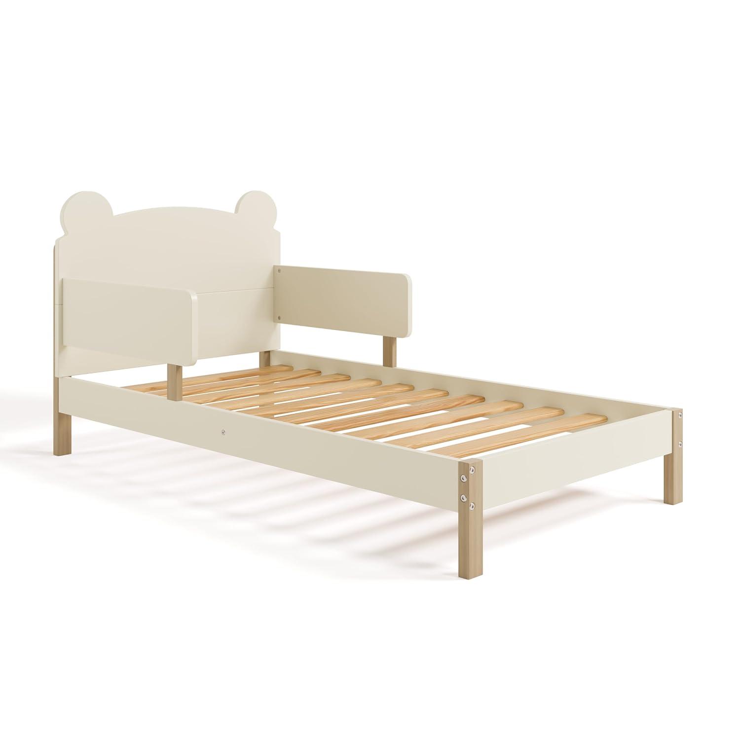 imageStorkcraft Teddy Bear Toddler Bed White with Driftwood GREENGUARD Gold Certified Includes Toddler Safety Guardrails Fits Standard Crib ampamp Toddler Mattress Stylish 2Tone DesignFrosted Oat With Driftwood