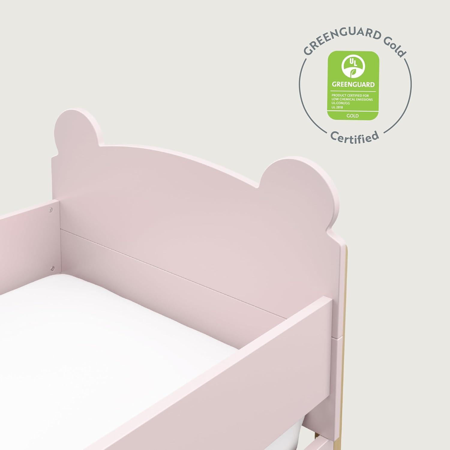 imageStorkcraft Teddy Bear Toddler Bed White with Driftwood GREENGUARD Gold Certified Includes Toddler Safety Guardrails Fits Standard Crib ampamp Toddler Mattress Stylish 2Tone DesignBlush With Driftwood