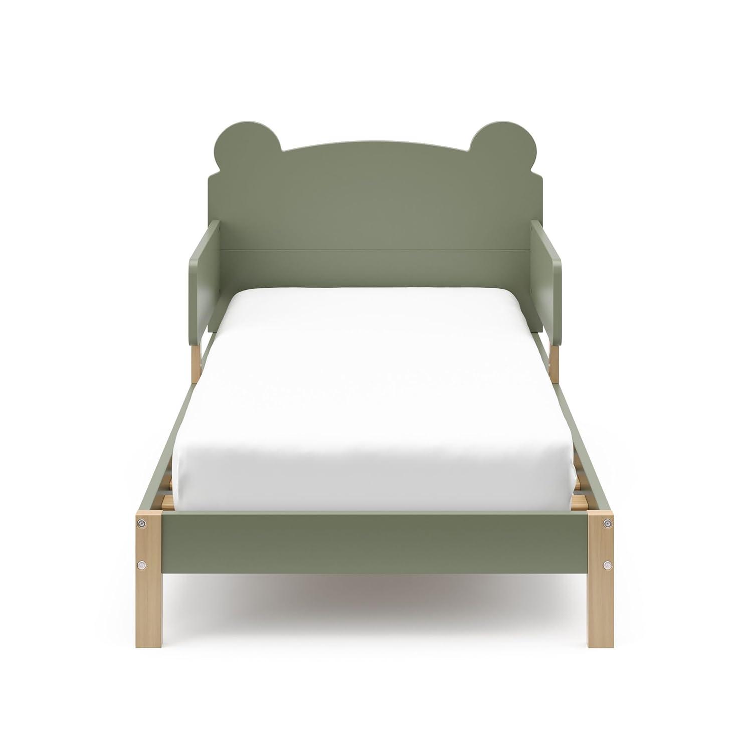 imageStorkcraft Teddy Bear Toddler Bed White with Driftwood GREENGUARD Gold Certified Includes Toddler Safety Guardrails Fits Standard Crib ampamp Toddler Mattress Stylish 2Tone DesignOlive With Driftwood