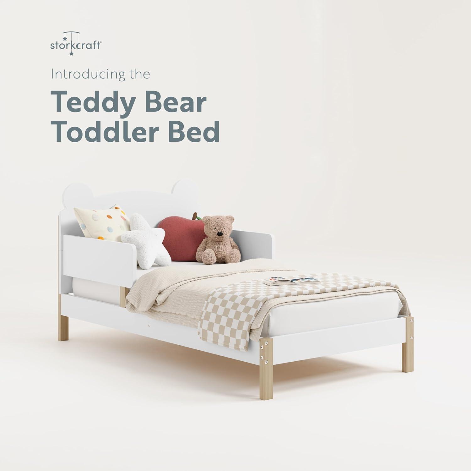 imageStorkcraft Teddy Bear Toddler Bed White with Driftwood GREENGUARD Gold Certified Includes Toddler Safety Guardrails Fits Standard Crib ampamp Toddler Mattress Stylish 2Tone DesignWhite With Driftwood