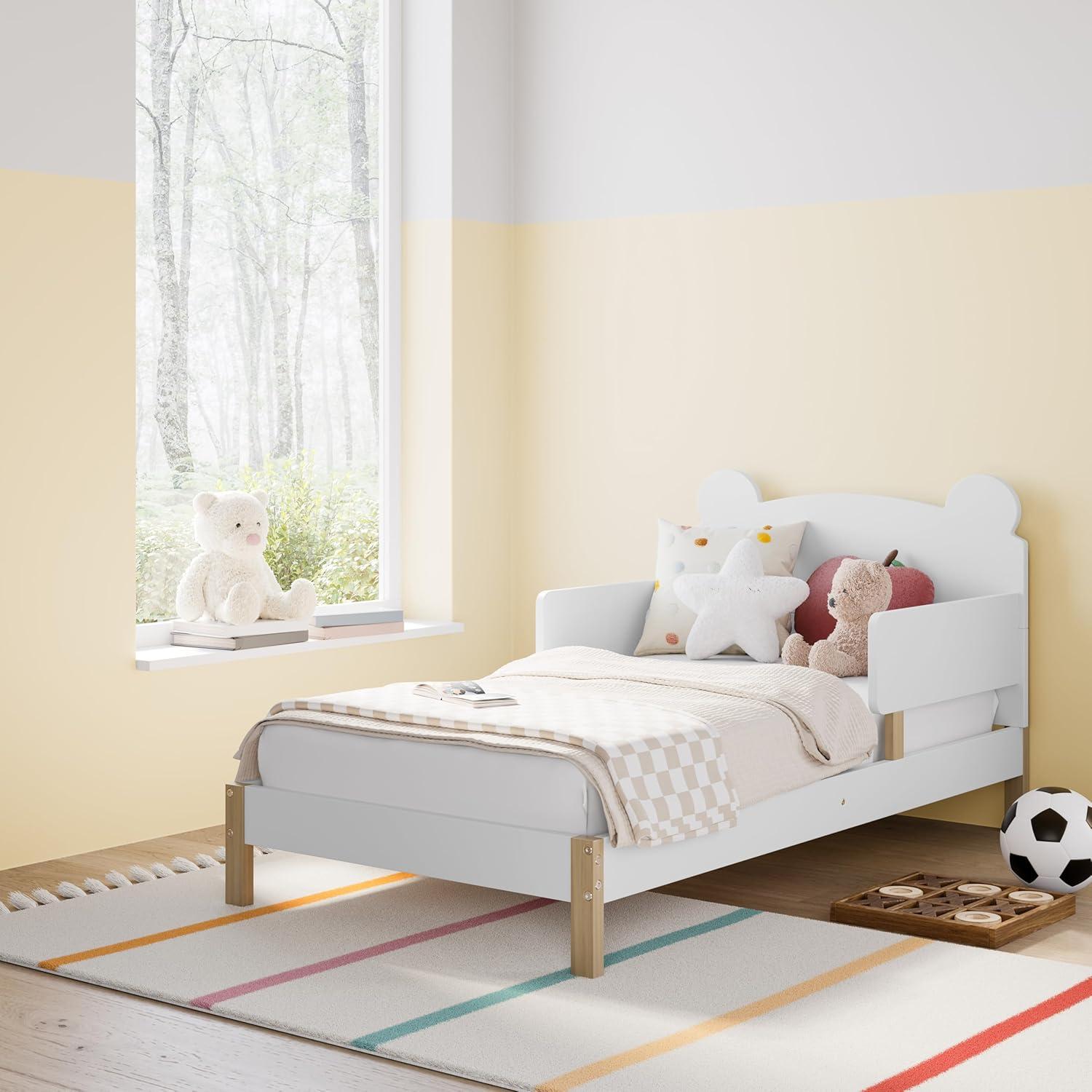 imageStorkcraft Teddy Bear Toddler Bed White with Driftwood GREENGUARD Gold Certified Includes Toddler Safety Guardrails Fits Standard Crib ampamp Toddler Mattress Stylish 2Tone DesignWhite With Driftwood