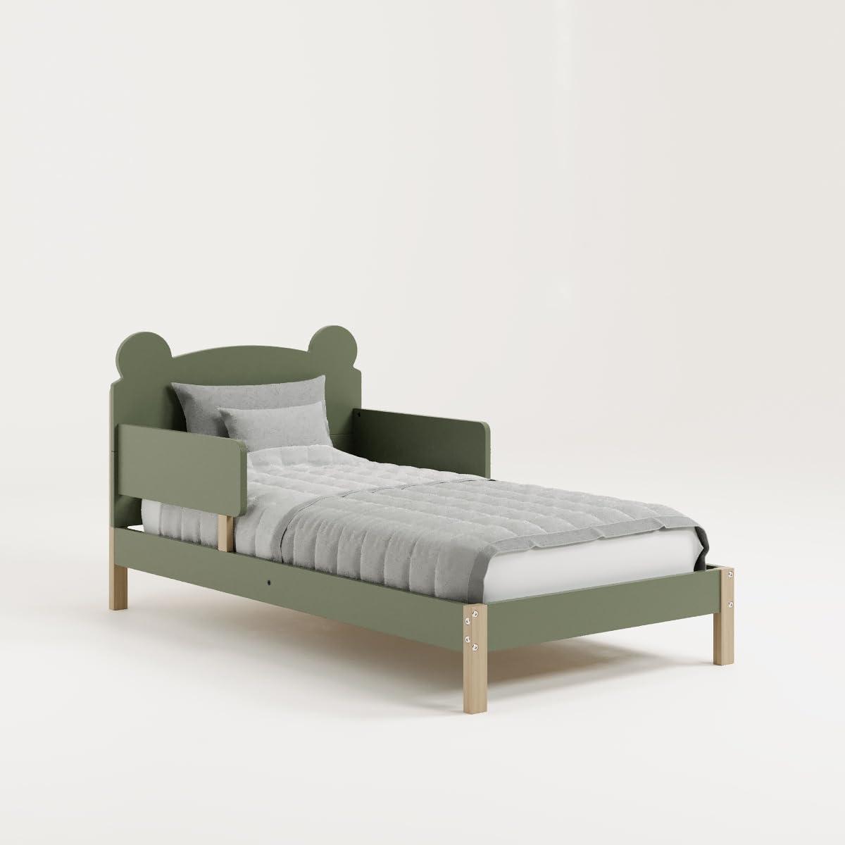 imageStorkcraft Teddy Bear Toddler Bed White with Driftwood GREENGUARD Gold Certified Includes Toddler Safety Guardrails Fits Standard Crib ampamp Toddler Mattress Stylish 2Tone DesignOlive With Driftwood