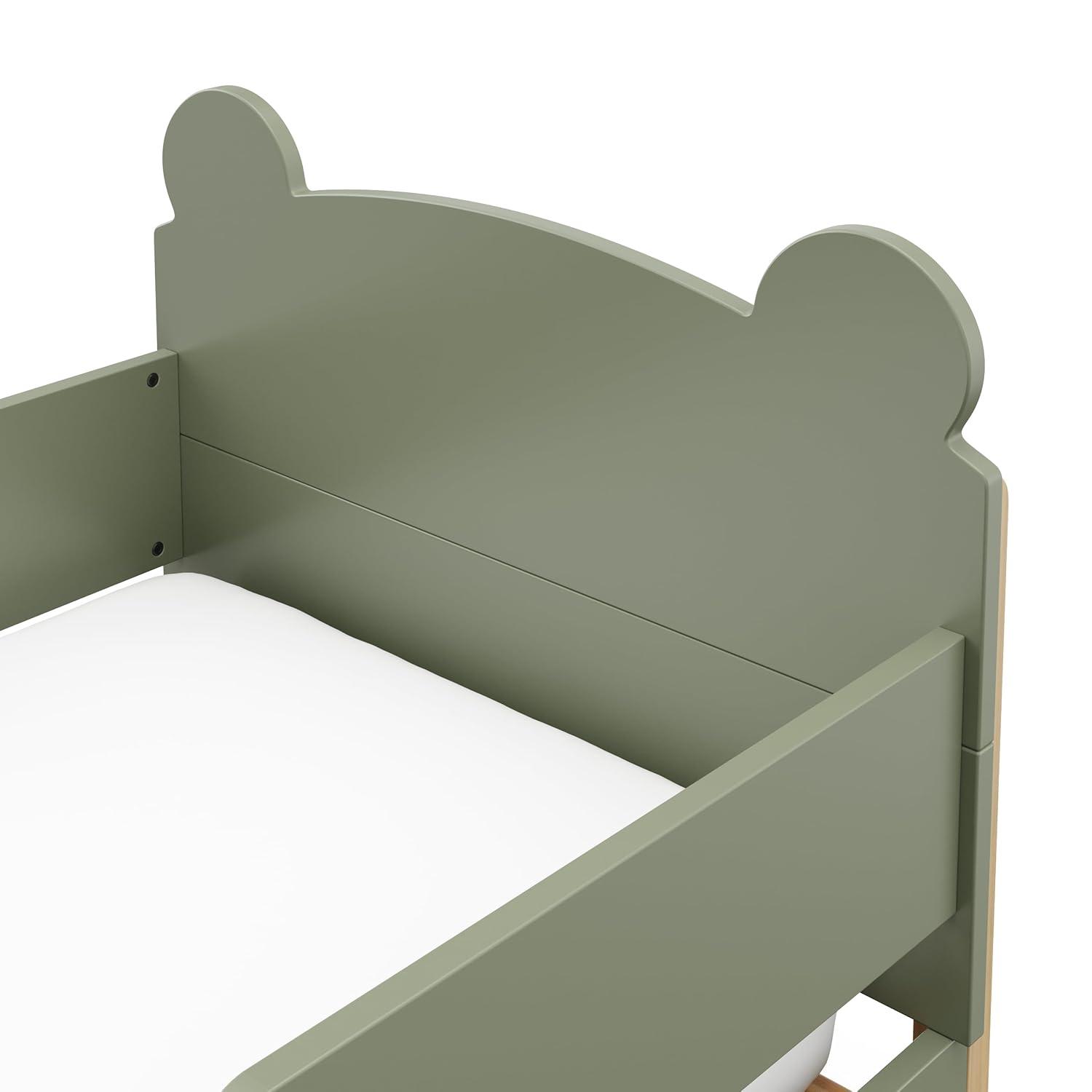 imageStorkcraft Teddy Bear Toddler Bed White with Driftwood GREENGUARD Gold Certified Includes Toddler Safety Guardrails Fits Standard Crib ampamp Toddler Mattress Stylish 2Tone DesignOlive With Driftwood