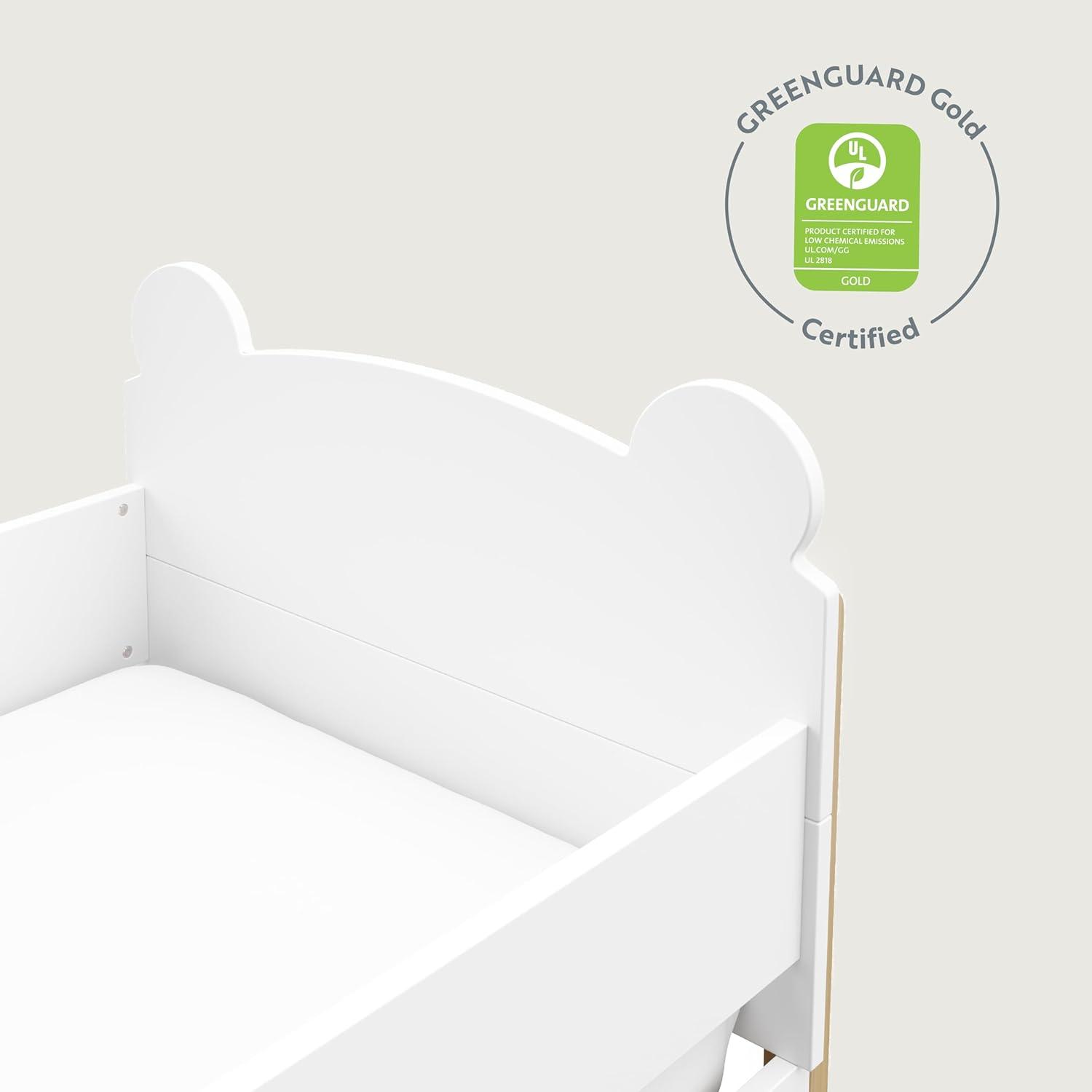 imageStorkcraft Teddy Bear Toddler Bed White with Driftwood GREENGUARD Gold Certified Includes Toddler Safety Guardrails Fits Standard Crib ampamp Toddler Mattress Stylish 2Tone DesignWhite With Driftwood