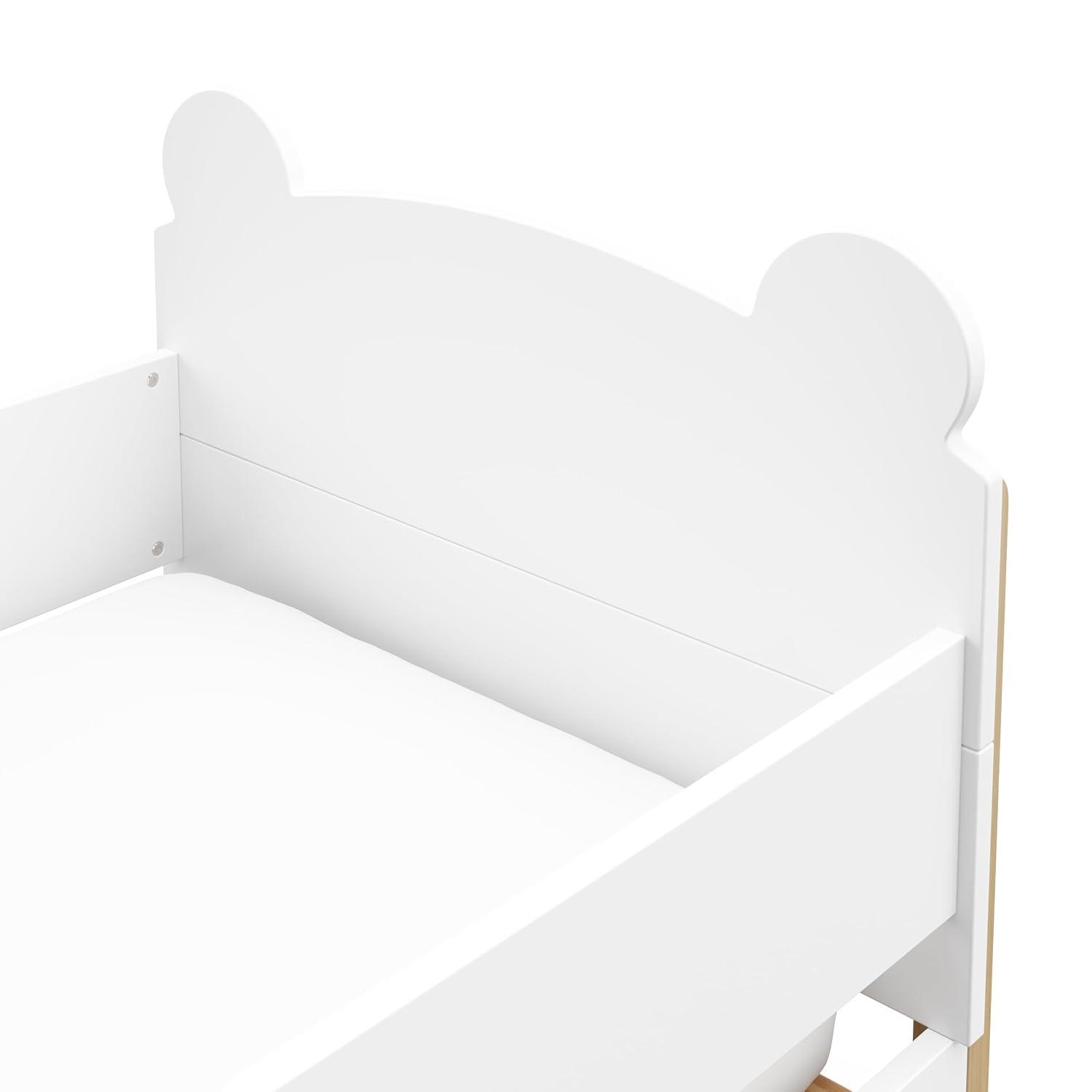 imageStorkcraft Teddy Bear Toddler Bed White with Driftwood GREENGUARD Gold Certified Includes Toddler Safety Guardrails Fits Standard Crib ampamp Toddler Mattress Stylish 2Tone DesignWhite With Driftwood