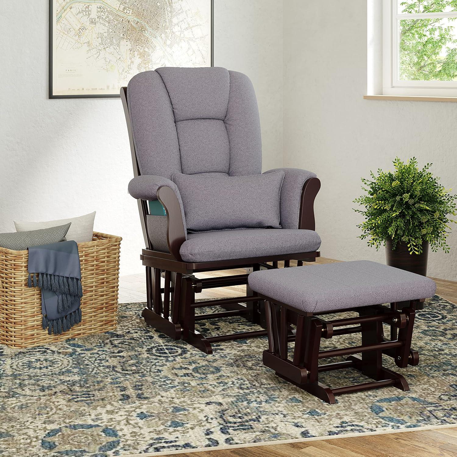 imageStorkcraft Tuscany Glider with Ottoman BlackGray GREENGUARD Gold Certified Bonus Lumbar Cushion Included Solid Wood Base Smooth Motion AwardWinning Nursery Rocking Chair Glider and OttomanEspresso WGray Swirl