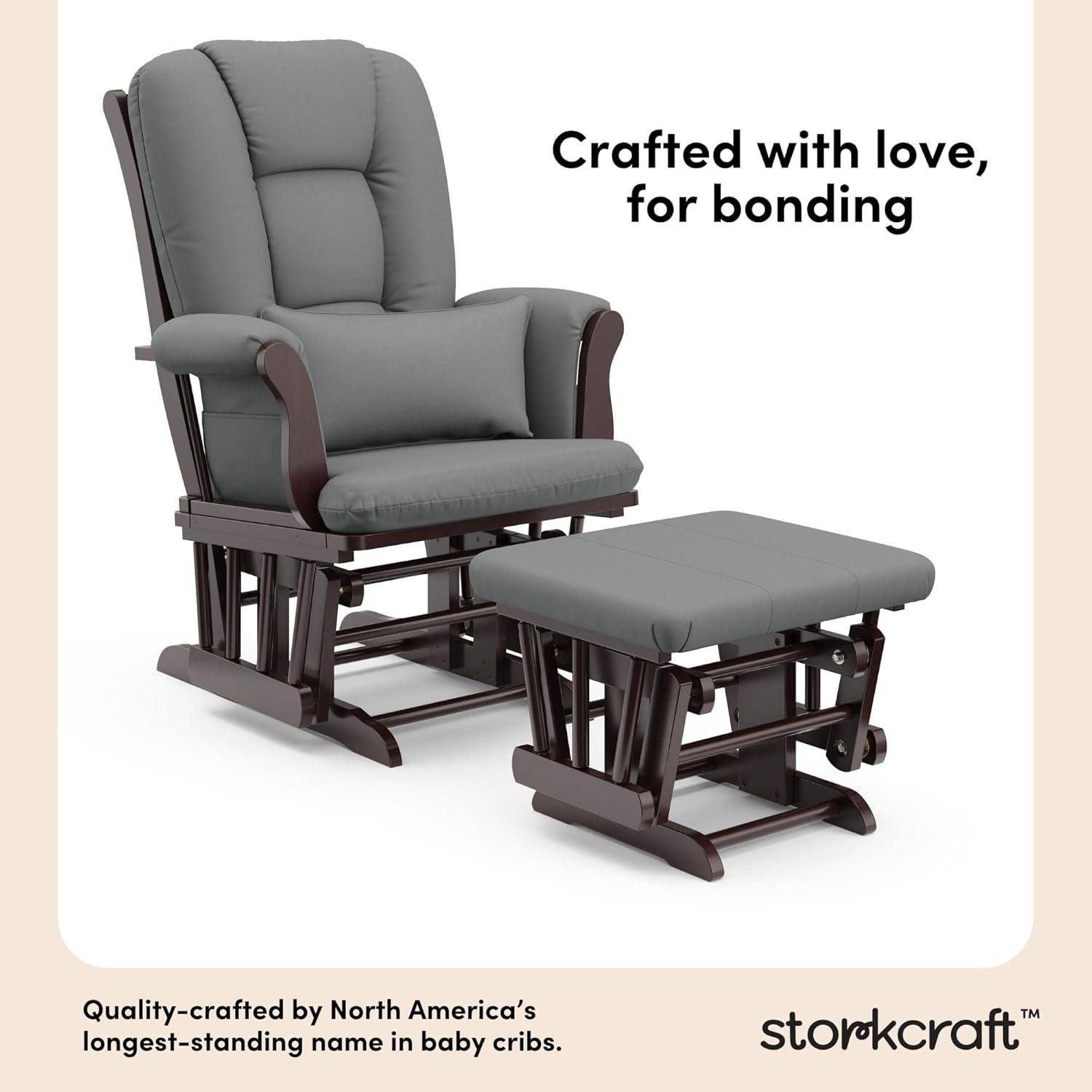 imageStorkcraft Tuscany Glider with Ottoman BlackGray GREENGUARD Gold Certified Bonus Lumbar Cushion Included Solid Wood Base Smooth Motion AwardWinning Nursery Rocking Chair Glider and OttomanEspressoGray