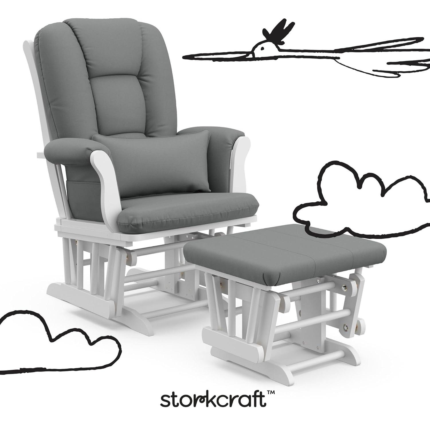 imageStorkcraft Tuscany Glider with Ottoman BlackGray GREENGUARD Gold Certified Bonus Lumbar Cushion Included Solid Wood Base Smooth Motion AwardWinning Nursery Rocking Chair Glider and OttomanWhiteGray