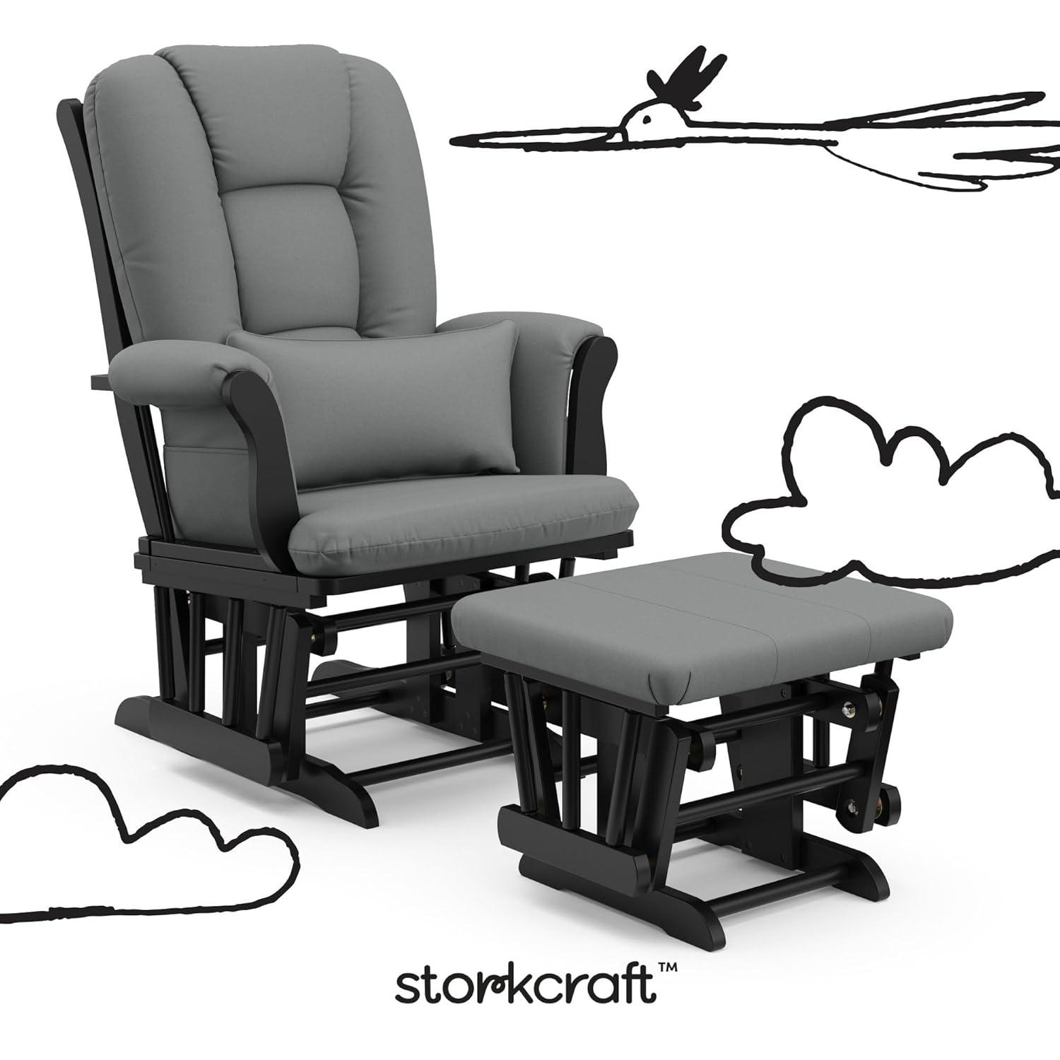 imageStorkcraft Tuscany Glider with Ottoman BlackGray GREENGUARD Gold Certified Bonus Lumbar Cushion Included Solid Wood Base Smooth Motion AwardWinning Nursery Rocking Chair Glider and OttomanBlackGray