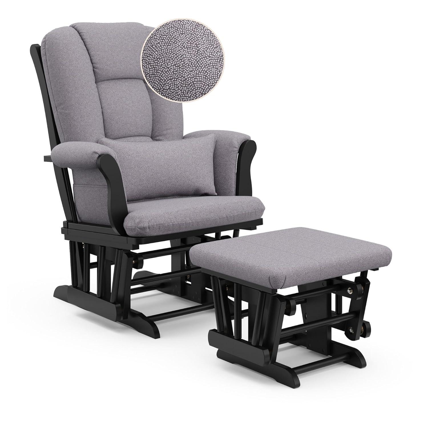 imageStorkcraft Tuscany Glider with Ottoman BlackGray GREENGUARD Gold Certified Bonus Lumbar Cushion Included Solid Wood Base Smooth Motion AwardWinning Nursery Rocking Chair Glider and OttomanBlack WGray Swirl