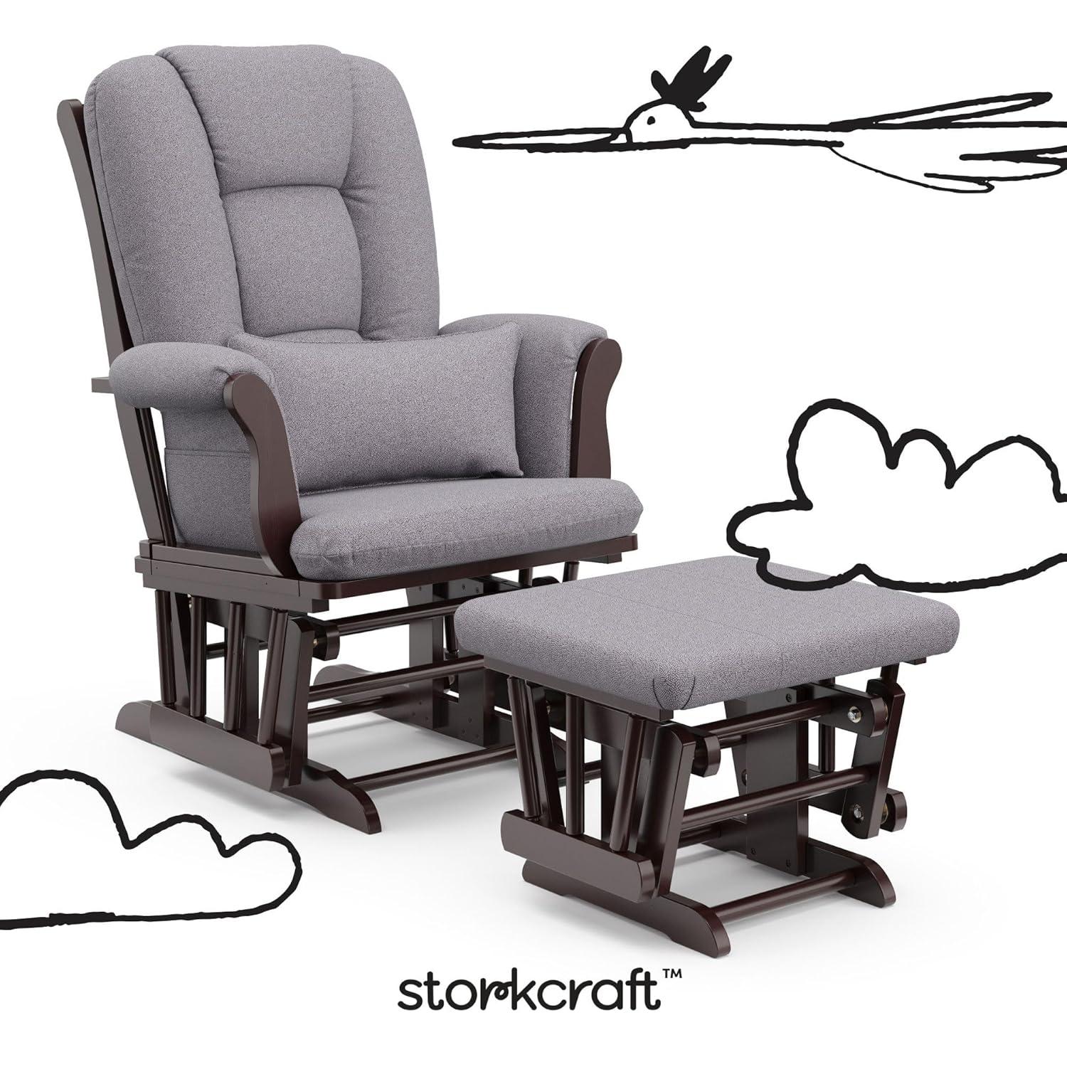 imageStorkcraft Tuscany Glider with Ottoman BlackGray GREENGUARD Gold Certified Bonus Lumbar Cushion Included Solid Wood Base Smooth Motion AwardWinning Nursery Rocking Chair Glider and OttomanEspresso WGray Swirl