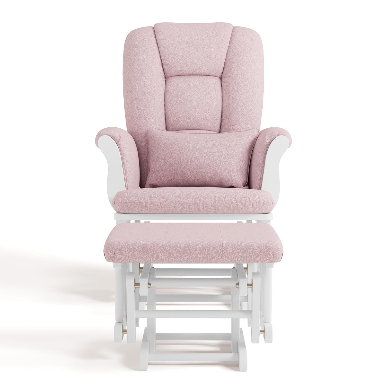 imageStorkcraft Tuscany Glider with Ottoman BlackGray GREENGUARD Gold Certified Bonus Lumbar Cushion Included Solid Wood Base Smooth Motion AwardWinning Nursery Rocking Chair Glider and OttomanWhite WPink Swirl