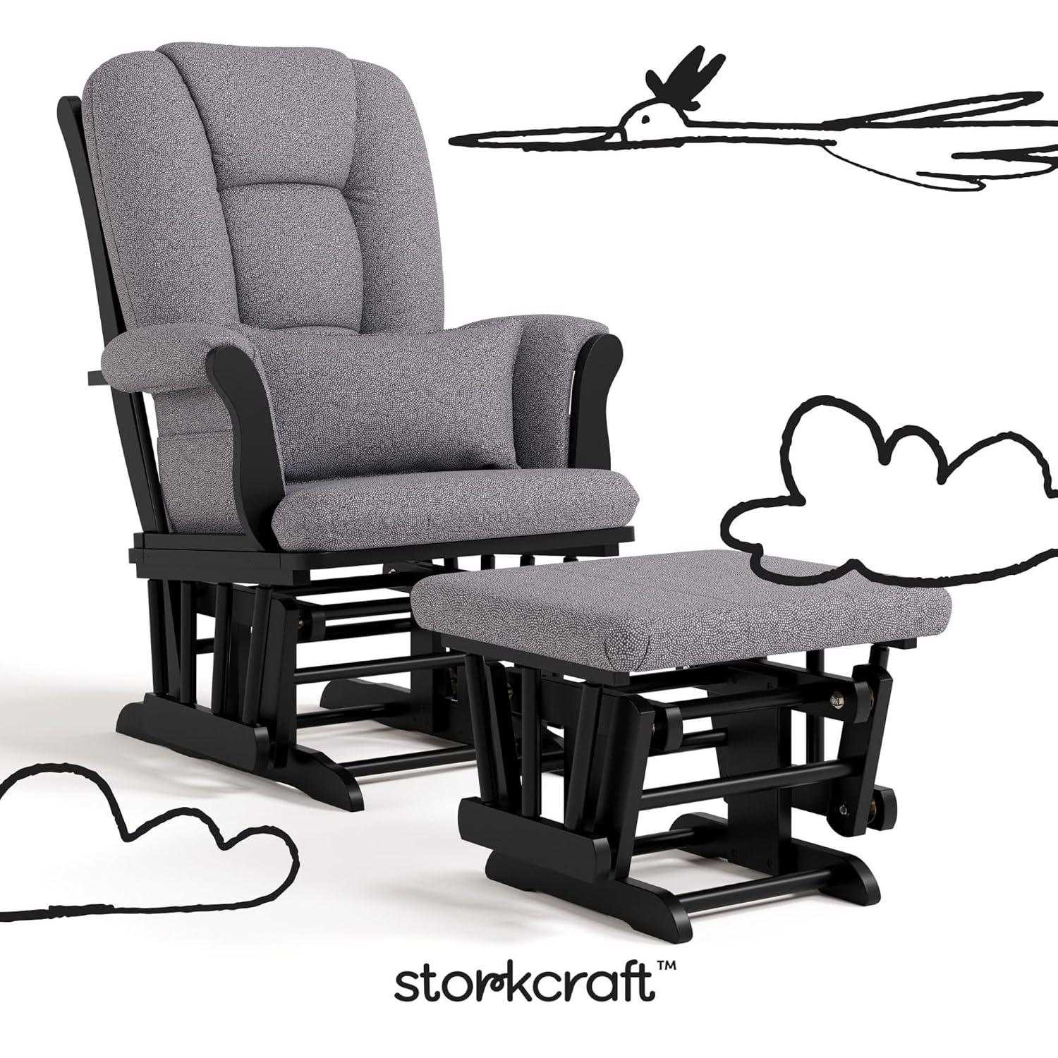 imageStorkcraft Tuscany Glider with Ottoman BlackGray GREENGUARD Gold Certified Bonus Lumbar Cushion Included Solid Wood Base Smooth Motion AwardWinning Nursery Rocking Chair Glider and OttomanBlack WGray Swirl