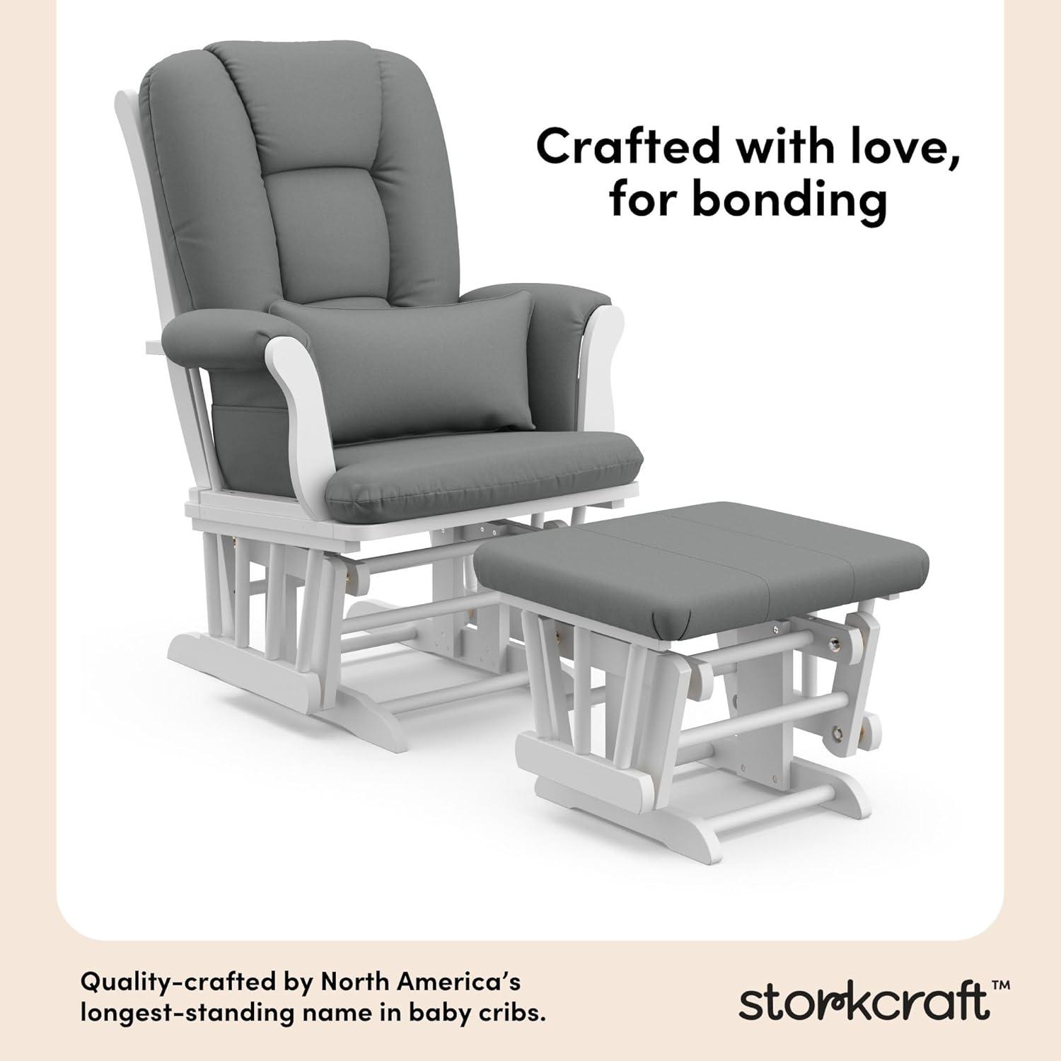 imageStorkcraft Tuscany Glider with Ottoman BlackGray GREENGUARD Gold Certified Bonus Lumbar Cushion Included Solid Wood Base Smooth Motion AwardWinning Nursery Rocking Chair Glider and OttomanWhiteGray