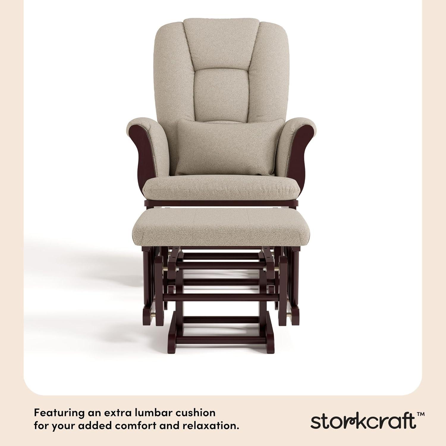 imageStorkcraft Tuscany Glider with Ottoman BlackGray GREENGUARD Gold Certified Bonus Lumbar Cushion Included Solid Wood Base Smooth Motion AwardWinning Nursery Rocking Chair Glider and OttomanEspresso WTaupe Swirl