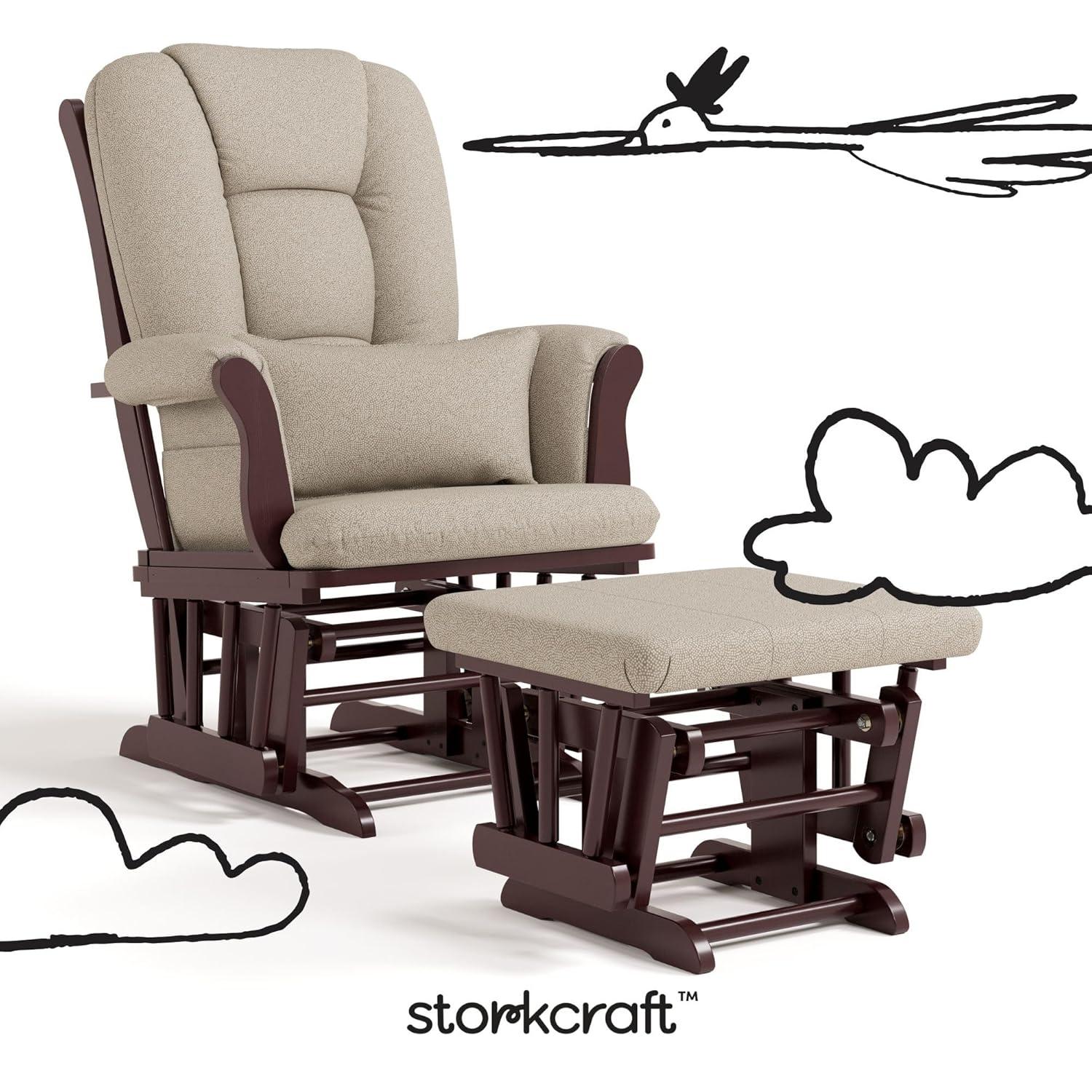 imageStorkcraft Tuscany Glider with Ottoman BlackGray GREENGUARD Gold Certified Bonus Lumbar Cushion Included Solid Wood Base Smooth Motion AwardWinning Nursery Rocking Chair Glider and OttomanEspresso WTaupe Swirl