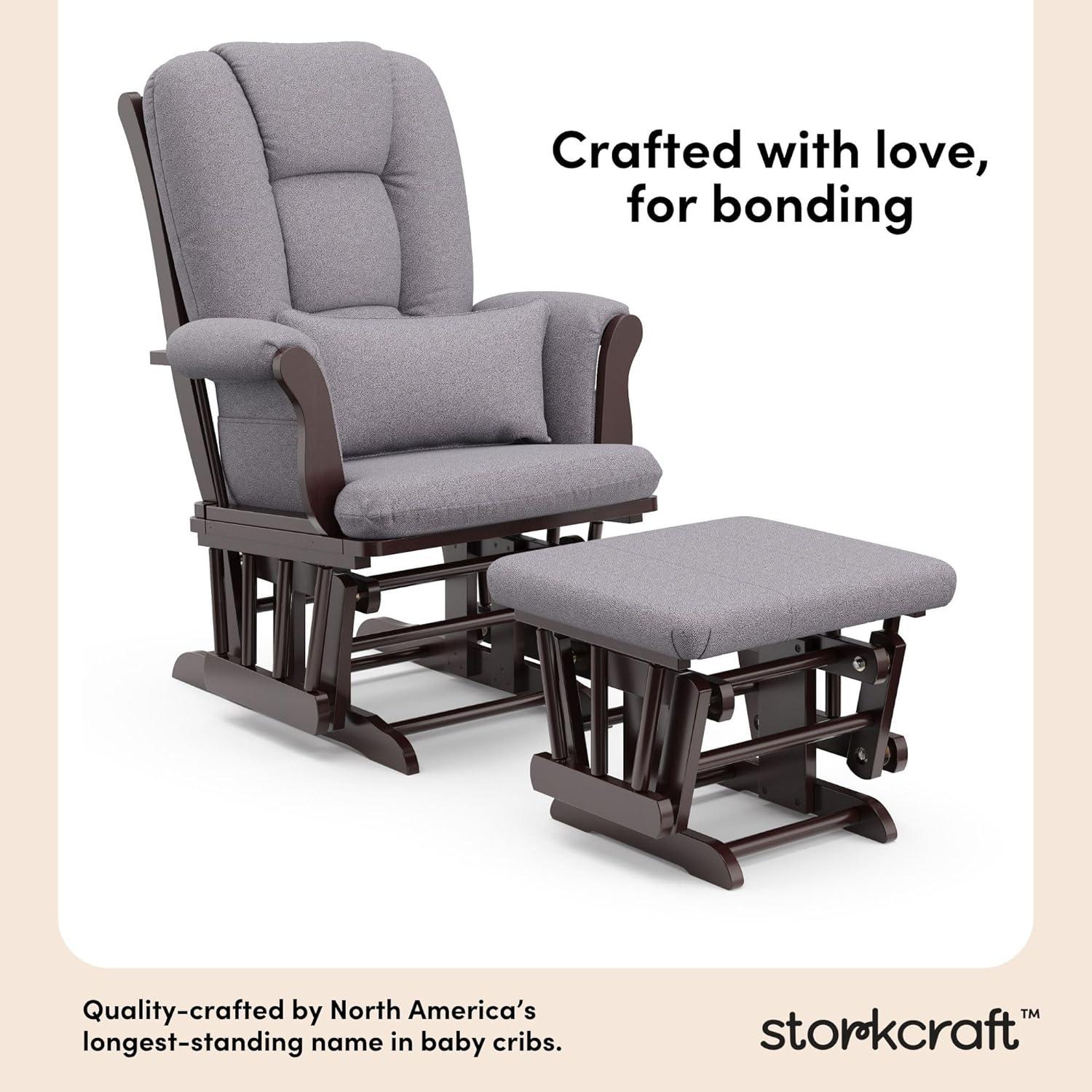 imageStorkcraft Tuscany Glider with Ottoman BlackGray GREENGUARD Gold Certified Bonus Lumbar Cushion Included Solid Wood Base Smooth Motion AwardWinning Nursery Rocking Chair Glider and OttomanEspresso WGray Swirl